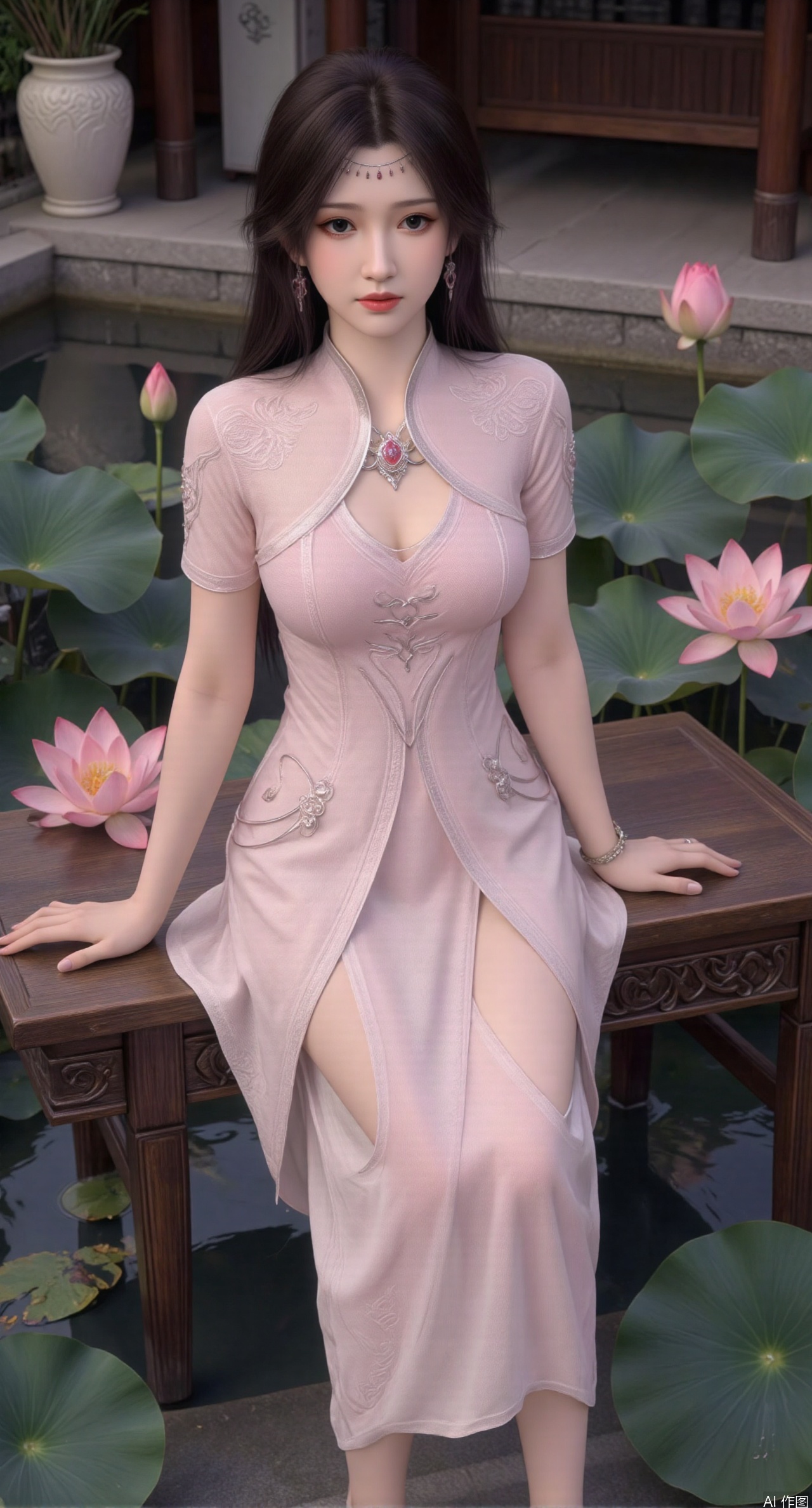SFW,(masterpiece:1.2),best quality,The image is a digital illustration of a young woman sitting on a wooden bench in a pond with lily pads.Pink clothes, She is wearing a long dress with design on the chest and sleeves. The dress has a high neckline and short sleeves,Holding a lotus in hand. She has long dark hair styled in loose waves and is wearing gold high heels. The woman is posing with one hand on her hip and the other resting on the edge of the bench. The background is filled with pink lotus flowers and green leaves. The overall mood of the image is peaceful and serene,(huge breasts:2.99),(full breasts:2.99),(Background with traditional Chinese architecture, lotus pond and pink lotus flowers:1.39),XtianqiongY,XliumeiY,XyueliuY,Xxiaowu,Xyusanniang,Xxuenv,XchuxuanerXY,XchuxuanerX,Xhuangnv