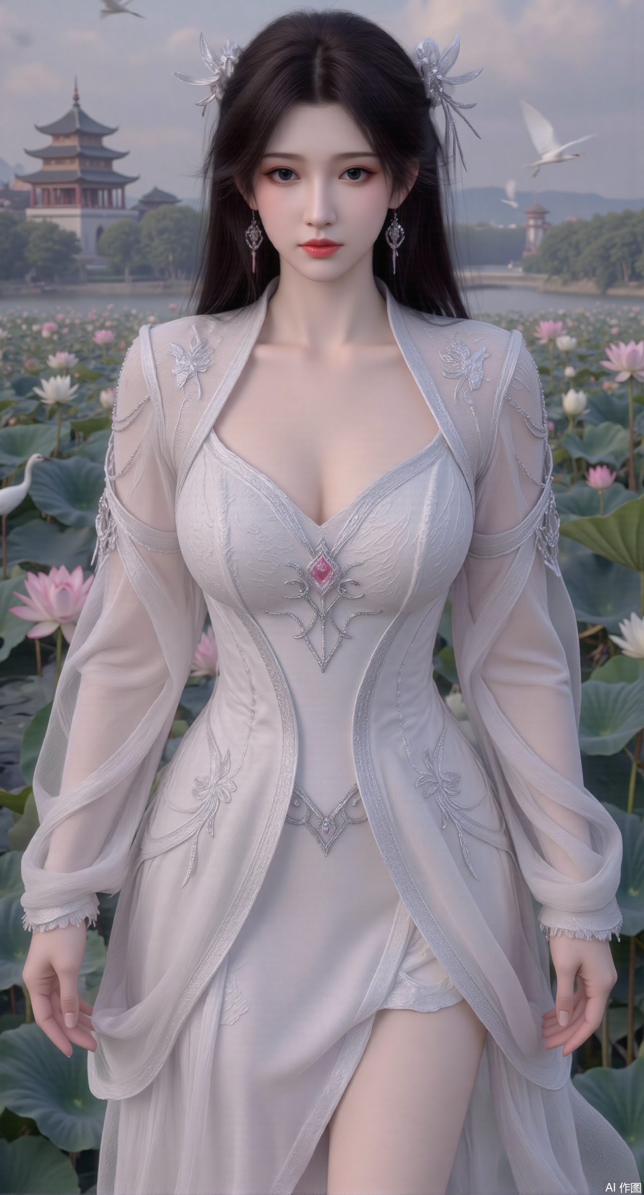  SFW,(masterpiece:1.2),best quality,1girl,solo,long hair,long dress,celestial maiden in flowing tulle gown levitates above lotus pond, ethereal mist trails from hair ribbons, mythical Penglai paradise emerges through clouds with glowing pavilions, translucent bioluminescent lotus blooms, flock of cranes gliding over water surface, ultra HD with soft 3D rendering, morning light filters through mist, falling petal rain, intricate details on scale-patterned fabric and lotus veins.(huge breasts:2.99),(full breasts:2.99),Xzhihua,Xsiyouyou,Xyanruyu,Xmoxiaonan,Xyeqingxian,Xyunwangshu,XlishaoyinY,Xxiaowu,Xyusanniang,XhuolingerHHY,Xwangqiuer,Xxuenv,XfuquY,XanmiaoyiXY,XyunyunX,Xhuangnv