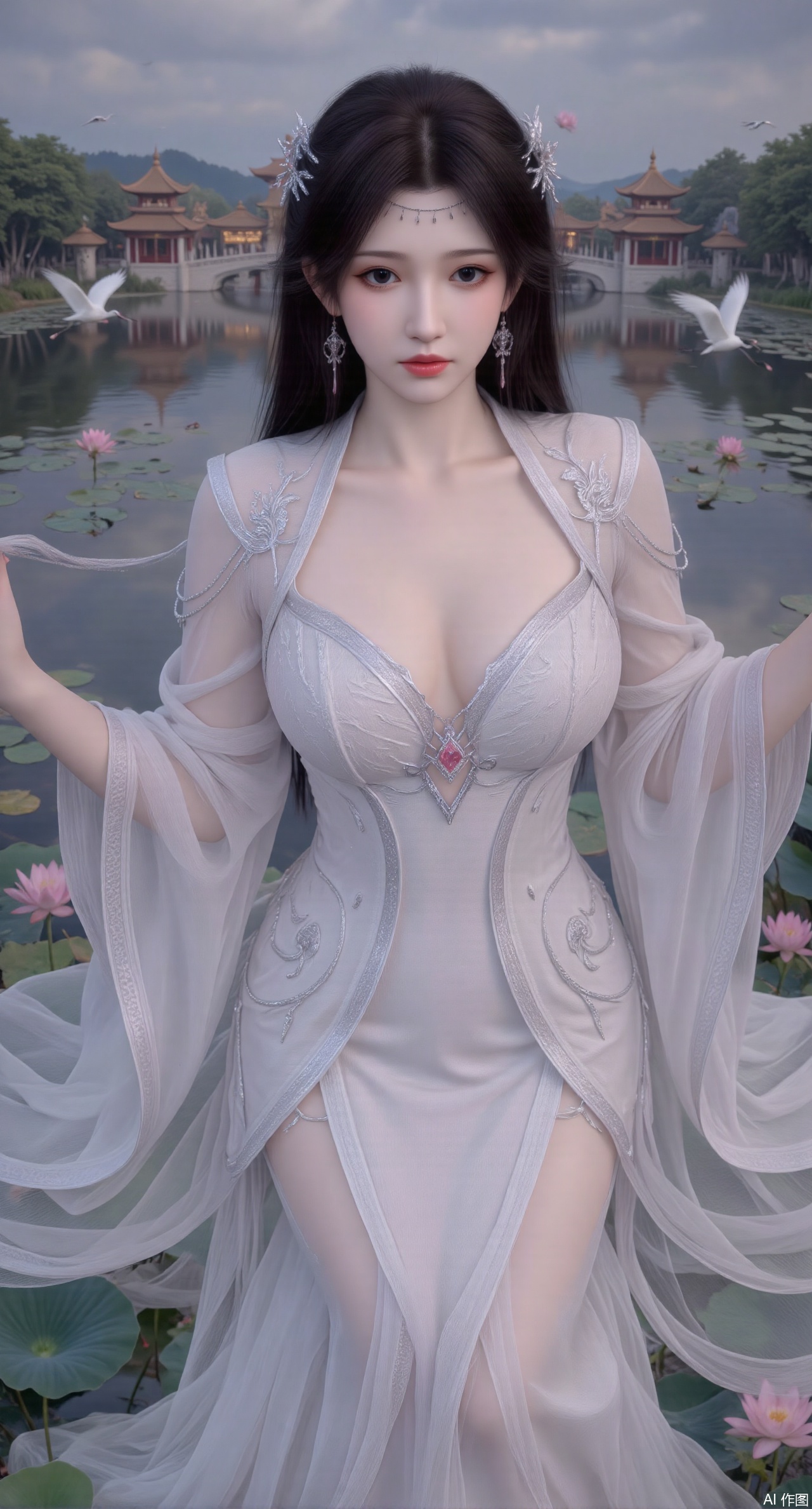  SFW,(masterpiece:1.2),best quality,1girl,solo,long hair,long dress,celestial maiden in flowing tulle gown levitates above lotus pond, ethereal mist trails from hair ribbons, mythical Penglai paradise emerges through clouds with glowing pavilions, translucent bioluminescent lotus blooms, flock of cranes gliding over water surface, ultra HD with soft 3D rendering, morning light filters through mist, falling petal rain, intricate details on scale-patterned fabric and lotus veins.(huge breasts:2.99),(full breasts:2.99),Xzhihua,Xsiyouyou,Xyanruyu,Xmoxiaonan,Xyeqingxian,Xyunwangshu,XlishaoyinY,Xxiaowu,Xyusanniang,XhuolingerHHY,Xwangqiuer,Xxuenv,XfuquY,XanmiaoyiXY,XyunyunX,Xhuangnv