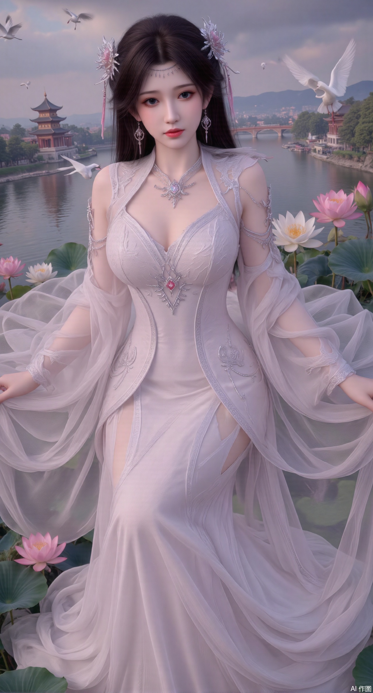  SFW,(masterpiece:1.2),best quality,1girl,solo,long hair,long dress,celestial maiden in flowing tulle gown levitates above lotus pond, ethereal mist trails from hair ribbons, mythical Penglai paradise emerges through clouds with glowing pavilions, translucent bioluminescent lotus blooms, flock of cranes gliding over water surface, ultra HD with soft 3D rendering, morning light filters through mist, falling petal rain, intricate details on scale-patterned fabric and lotus veins.(huge breasts:2.99),(full breasts:2.99),Xzhihua,Xsiyouyou,Xyanruyu,Xmoxiaonan,Xyeqingxian,Xyunwangshu,XlishaoyinY,Xxiaowu,Xyusanniang,XhuolingerHHY,Xwangqiuer,Xxuenv,XfuquY,XanmiaoyiXY,XyunyunX,Xhuangnv