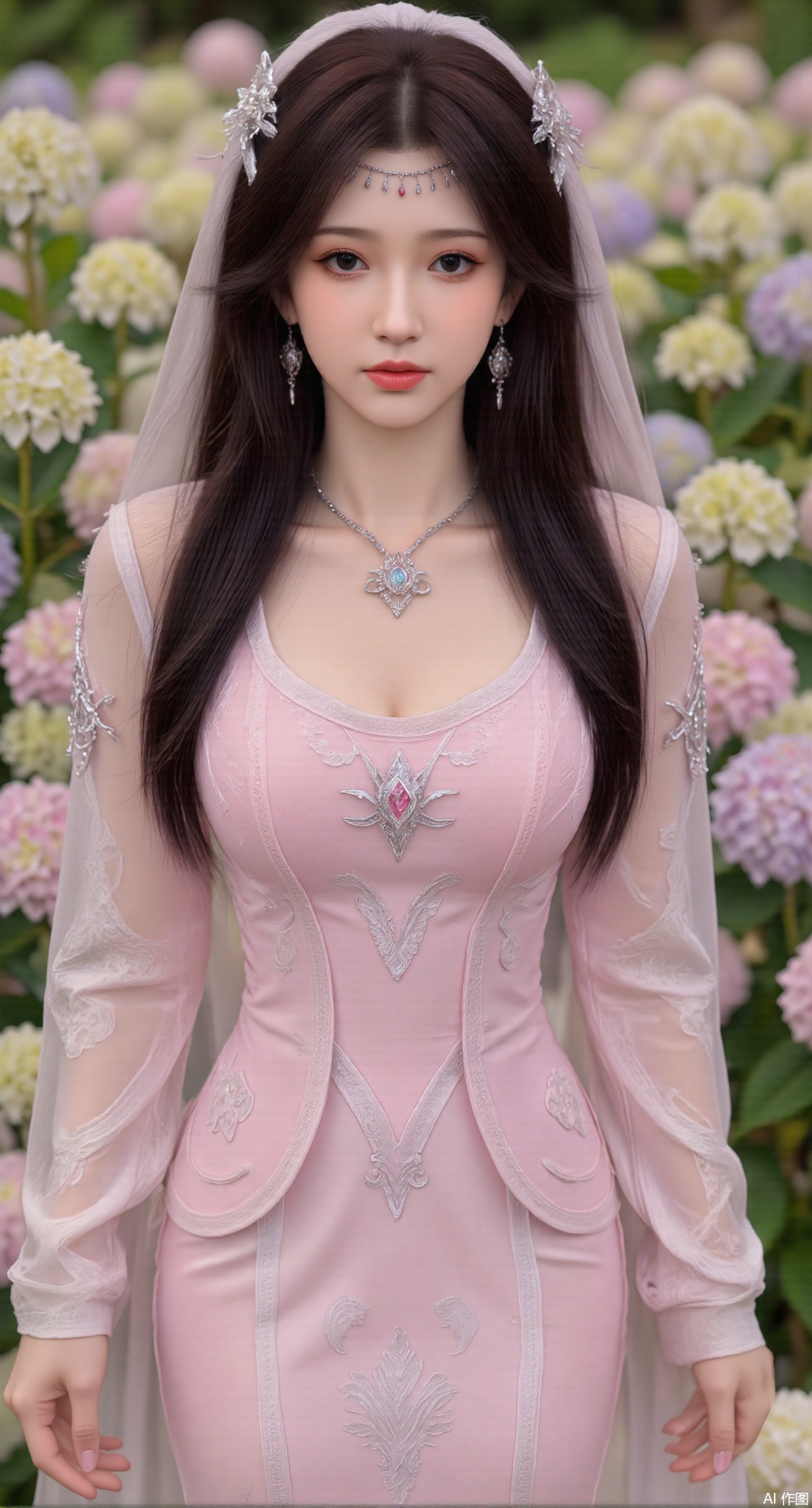  SFW,(masterpiece:1.2),best quality,absurdres,masterpiece,original,extremely detailed wallpaper,perfect lighting,1girl,solo,looking at viewer,(cowboy_shot:1.3),long hair,high heels,blurry background,depth of field,motion blur,(pink long dress:1.23),china_dress,chinese_style,bare shouders,crystal_earrings,headpiece,hair_tie,chest_jewel,gem,necklace,jewelry,in summer,day,outdoors,nature,garden,,(standing,Hydrangea, Hydrangea Field:1.59),(huge breasts:2.99),(full breasts:2.99),Xzhihua,Xsiyouyou,Xyanruyu,Xmoxiaonan,Xyeqingxian,Xyunwangshu,XlishaoyinY,Xxiaowu,Xyusanniang,XhuolingerHHY,Xwangqiuer,Xxuenv,XyunyunX,XqingnvzongZM,Xshangguanweier,XanmiaoyiXY,Xhuangnv