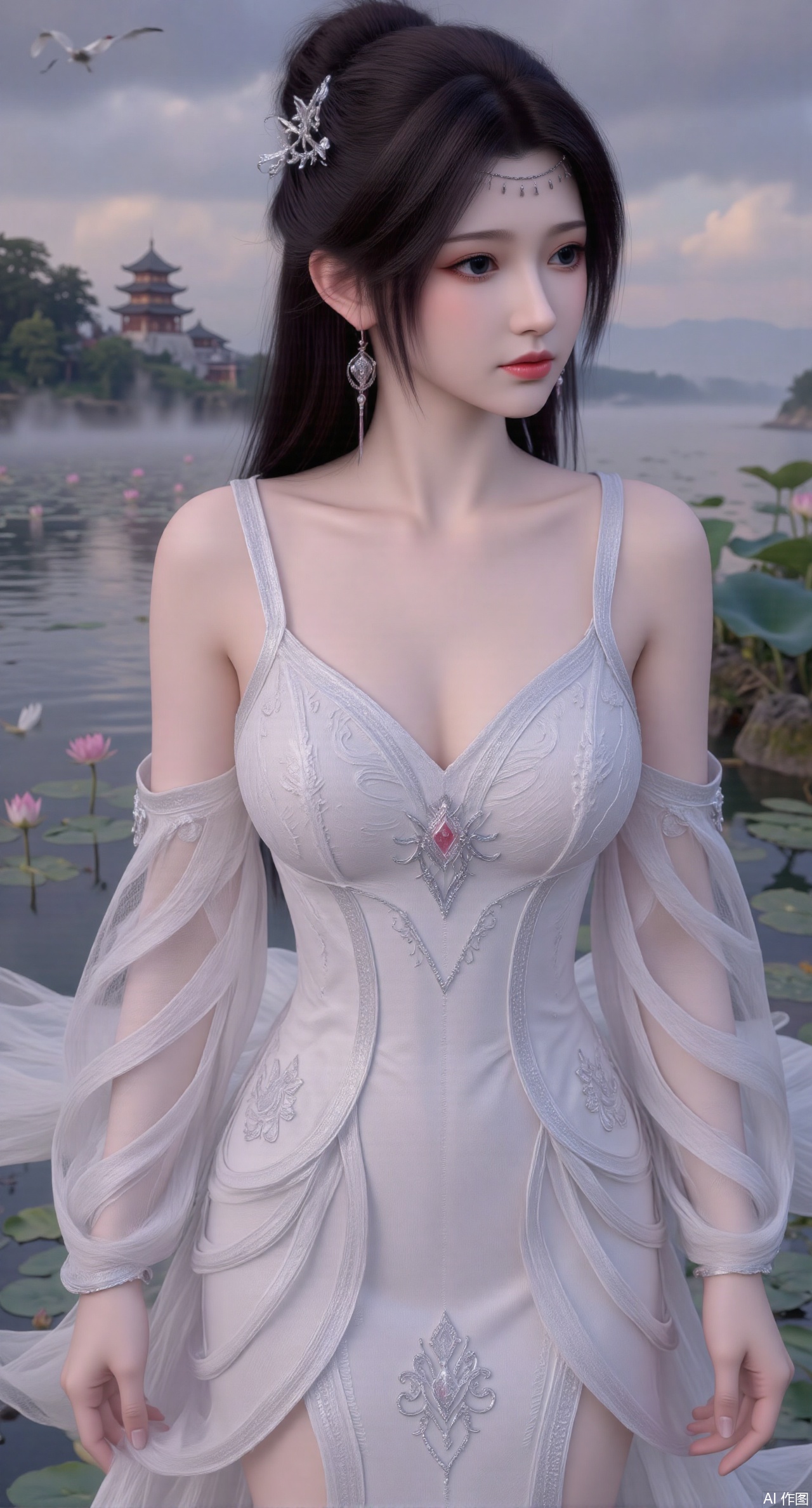  SFW,(masterpiece:1.2),best quality,1girl,solo,long hair,long dress,celestial maiden in flowing tulle gown levitates above lotus pond, ethereal mist trails from hair ribbons, mythical Penglai paradise emerges through clouds with glowing pavilions, translucent bioluminescent lotus blooms, flock of cranes gliding over water surface, ultra HD with soft 3D rendering, morning light filters through mist, falling petal rain, intricate details on scale-patterned fabric and lotus veins.(huge breasts:2.99),(full breasts:2.99),Xzhihua,Xsiyouyou,Xyanruyu,Xmoxiaonan,Xyeqingxian,Xyunwangshu,XlishaoyinY,Xxiaowu,Xyusanniang,XhuolingerHHY,Xwangqiuer,Xxuenv,XfuquY,XanmiaoyiXY,XyunyunX,Xhuangnv