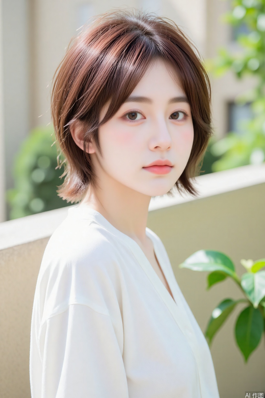 1girl, solo, looking at viewer, short hair, brown hair, shirt, brown eyes,blurry background, plant, realistic