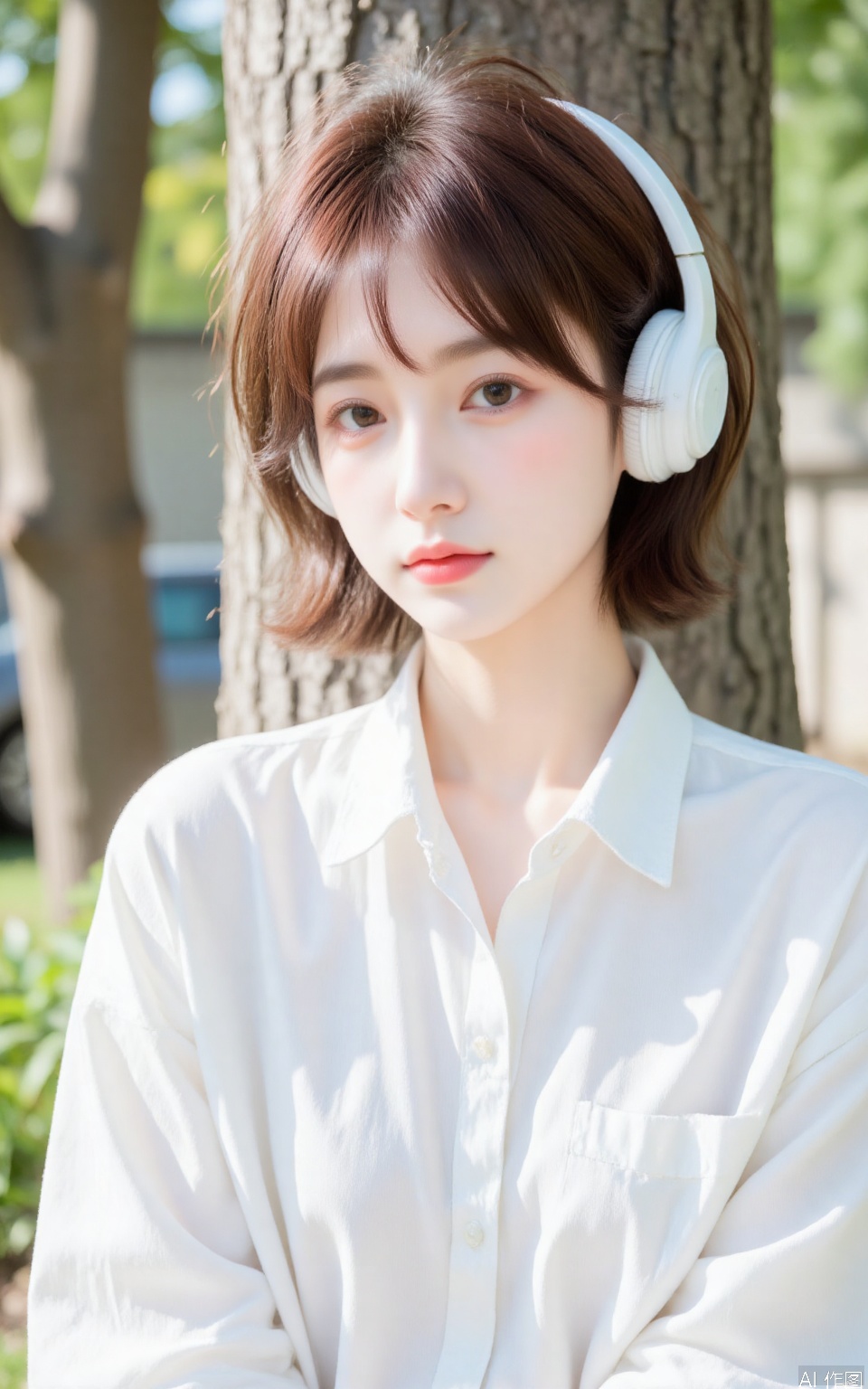 1girl, solo, looking at viewer, short hair, brown hair, shirt, brown eyes, white shirt, upper body, outdoors, day, collared shirt, blurry, lips, headphones, plant, realistic