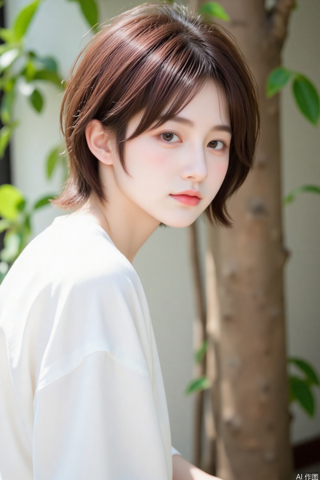 1girl, solo, looking at viewer, short hair, brown hair, shirt, brown eyes,blurry background, plant, realistic