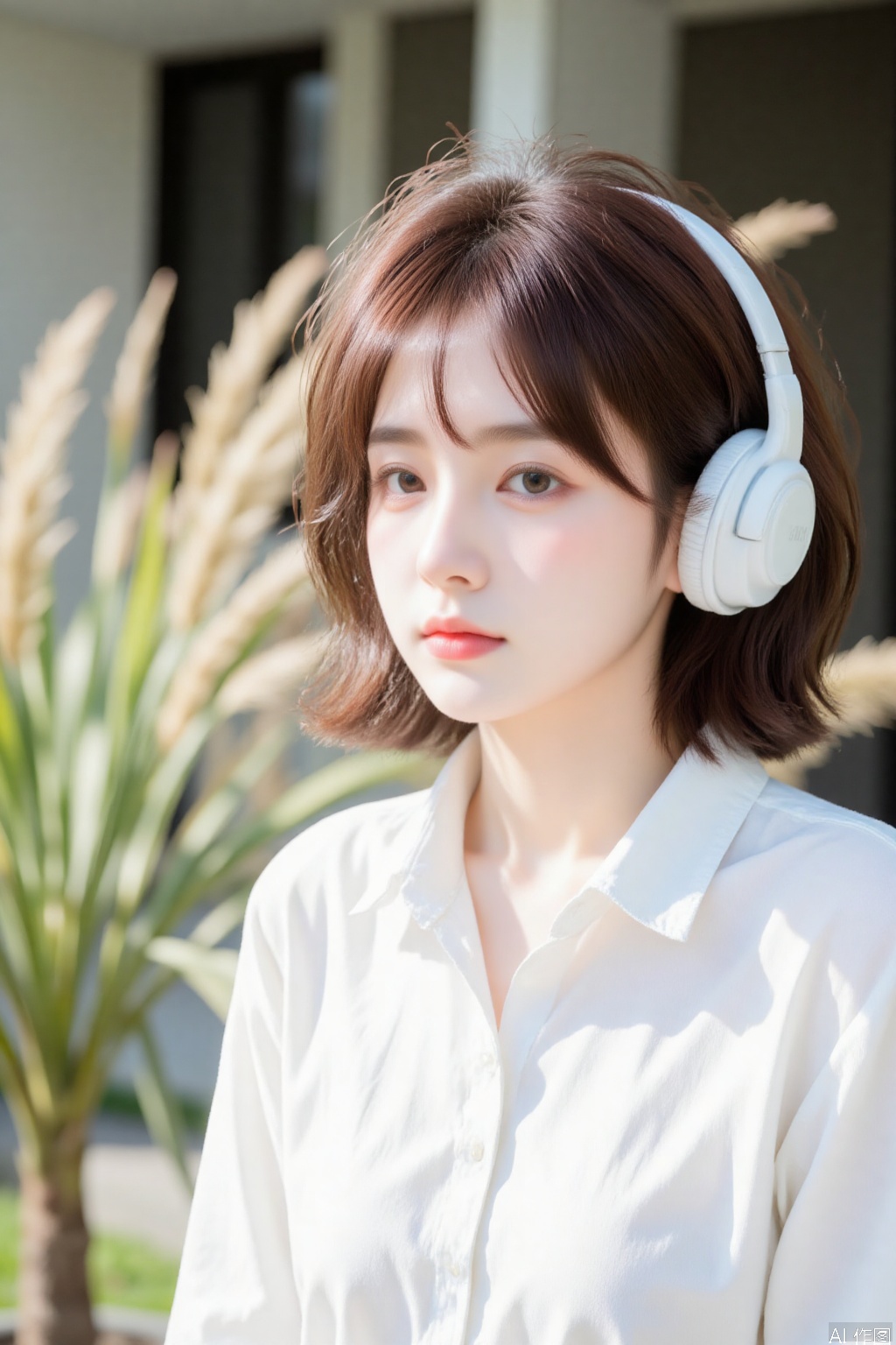 1girl, solo, looking at viewer, short hair, brown hair, shirt, brown eyes, white shirt, upper body, outdoors, day, collared shirt, blurry, lips, headphones, plant, realistic