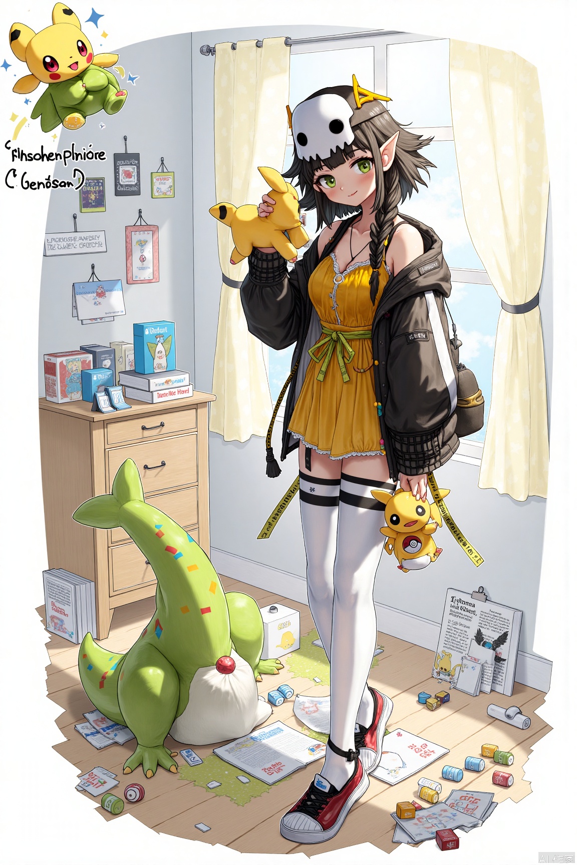 (Cubone \(Pokémon\)),holding Cubone ,holding toy,Poke Ball,holding Poke Ball,1girl,::,__artist__,year 2024,(drop shadow:1.4),(close-up:0.8),(shadow:1.2),(hands up:1.2),(border:1.2),(outside border:1.2),(hand up:1.2),(character name:1.2),upper body,high contrast,frown,looking at another,looking at viewer,rope,portrait,drop shadow,sparkle,^ ^,Iansan \(genshin impact\),clothes: Iansan def balck and yellow clothes,skull mask on head,single thighhigh,1girl,green eyes,pointy ears,dark skin,long sleeves,,cinematic lighting,detailed shadow, lens flare,volunmatic lighting,sunshine through window,yellow theme,pastel_yellow_sundress, plush_green_stegosaurus, soft_morning_light, whimsical_atmosphere, fabric_textures, cozy_children's_bedroom, scattered_crayons, storybooks, digital_painting, warm_color_palette,holding Cubone
