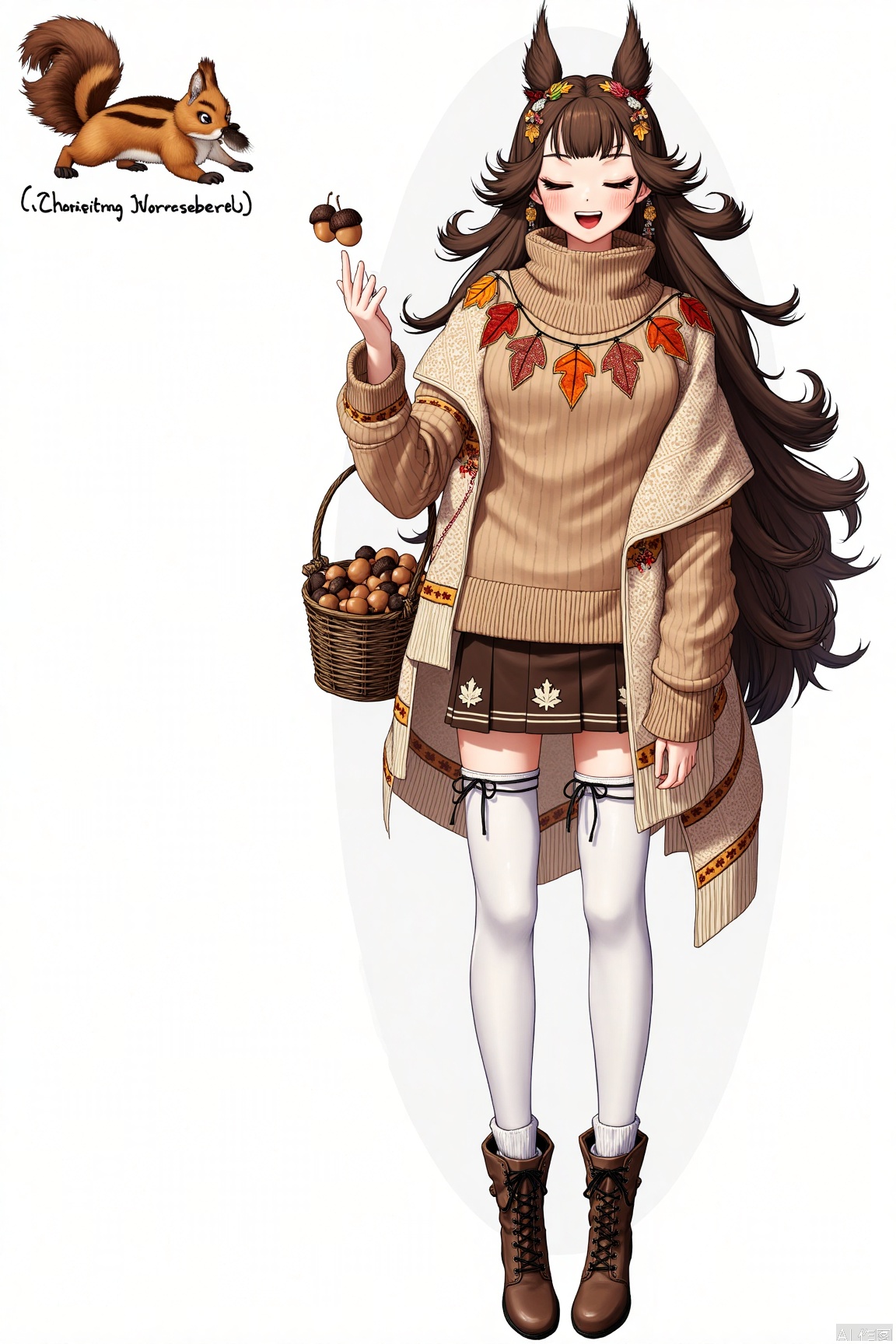 GFLH, a female character with long, curly brown hair, wearing a cozy, knitted sweater and skirt in earthy tones, adorned with autumn leaf patterns. She has squirrel ears and a warm smile, holding a basket of acorns in one hand and looking content. The simple white background accentuates her cozy, autumnal charm.

