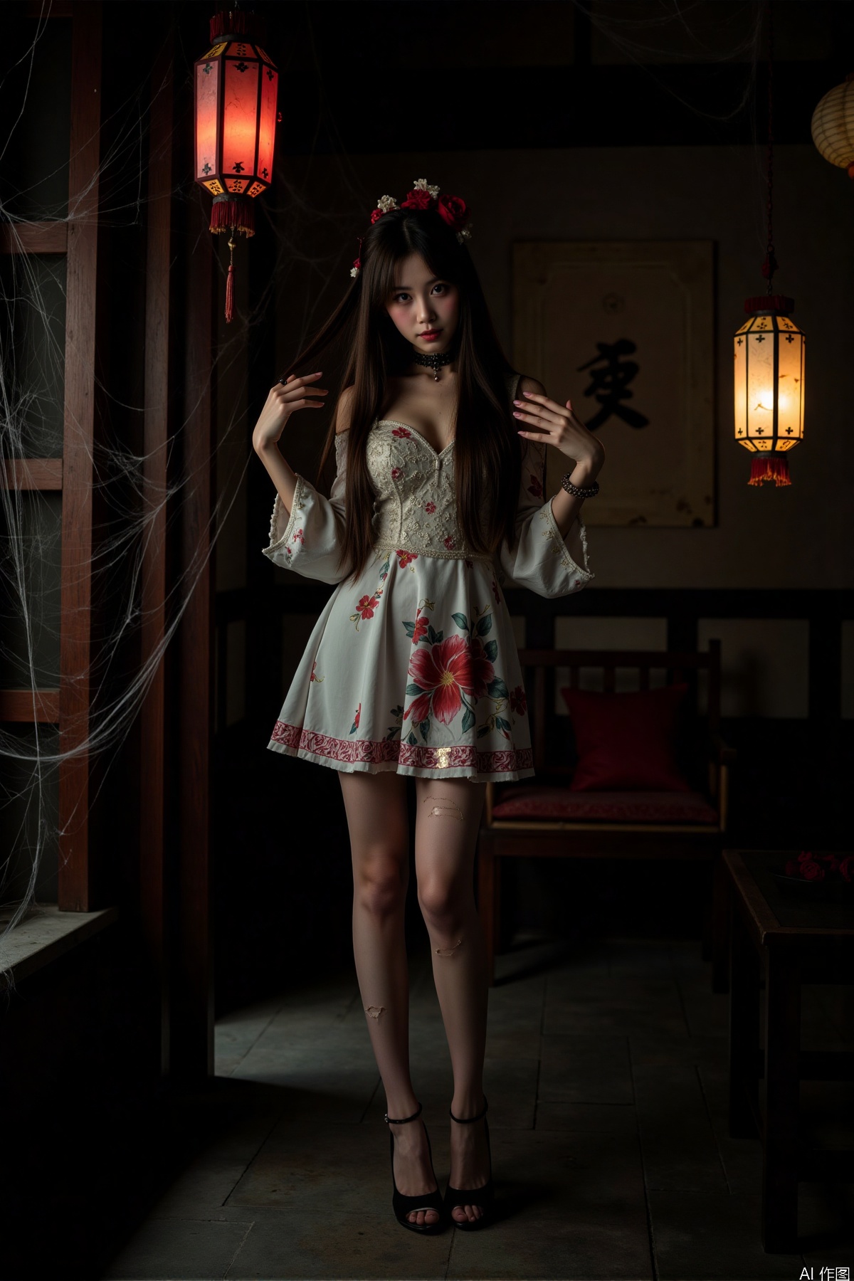 Realistic photos, a Chinese zombie girl, zombie torn dress, torn pantyhose, long legs, high heels, ancient Chinese room, full of spider webs, ancient lanterns hanging, horror atmosphere,