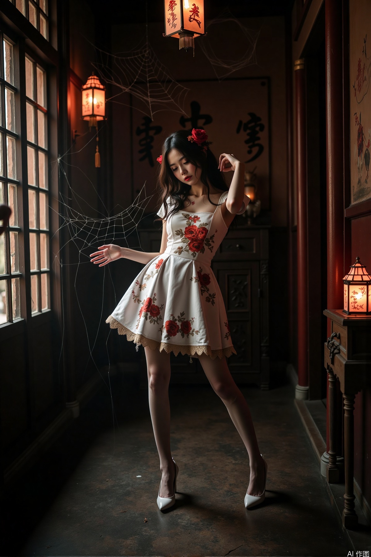 Realistic photos, a Chinese zombie girl, zombie torn dress, torn pantyhose, long legs, high heels, ancient Chinese room, full of spider webs, ancient lanterns hanging, horror atmosphere,