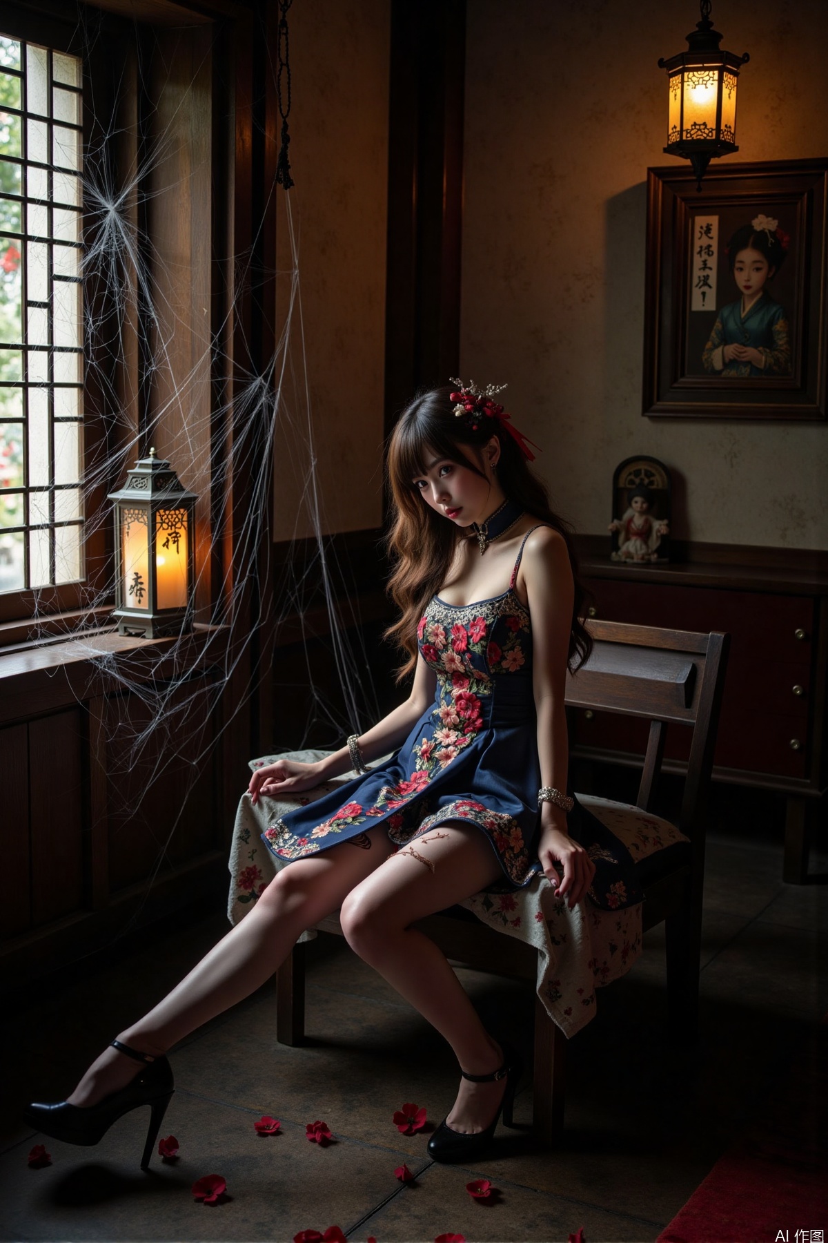 Realistic photos, a Chinese zombie girl, zombie torn dress, torn pantyhose, long legs, high heels, sitting, ancient Chinese room, full of spider webs, ancient lanterns hanging, horror atmosphere,