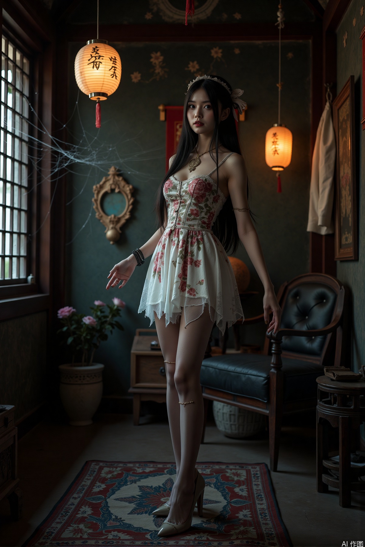 Realistic photos, a Chinese zombie girl, zombie torn dress, torn pantyhose, long legs, high heels, ancient Chinese room, full of spider webs, ancient lanterns hanging, horror atmosphere,