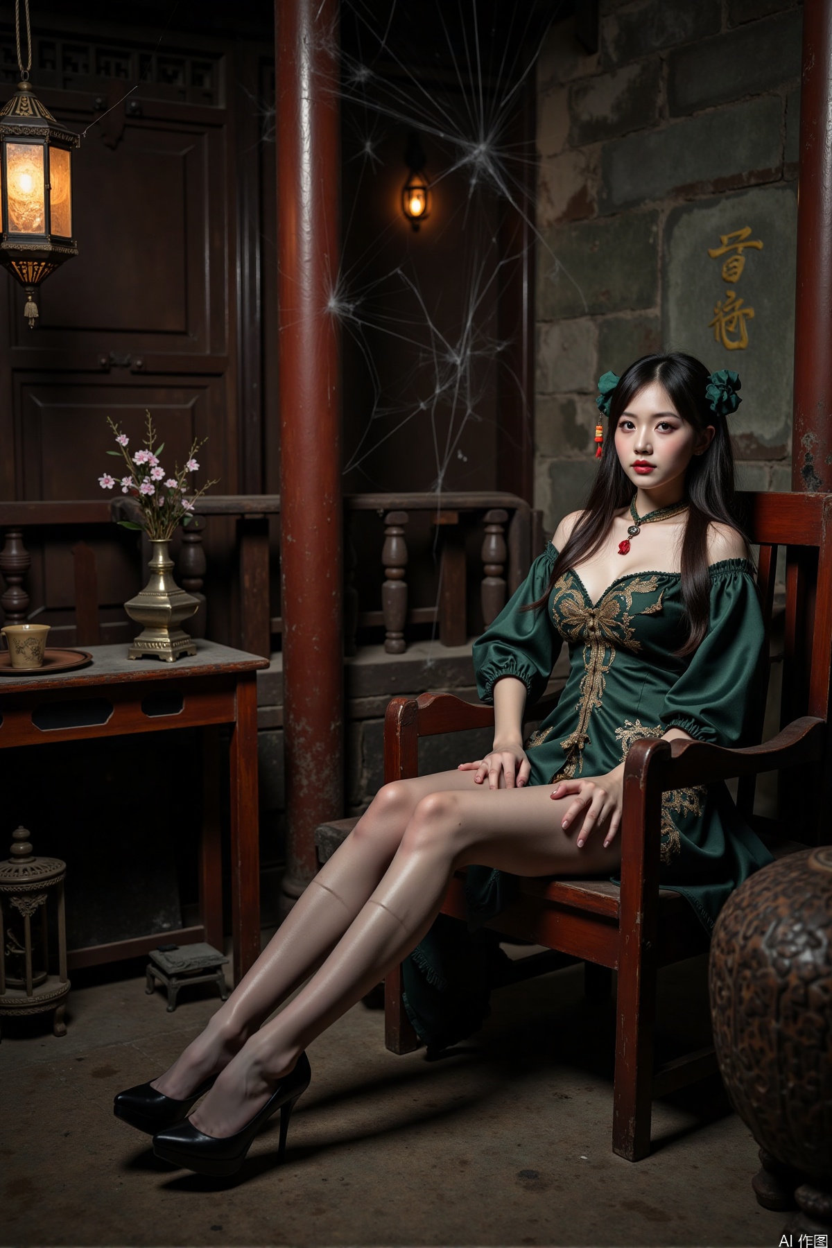 Realistic photos, a Chinese zombie girl, zombie torn dress, torn pantyhose, long legs, high heels, sitting, ancient Chinese room, full of spider webs, ancient lanterns hanging, horror atmosphere,
