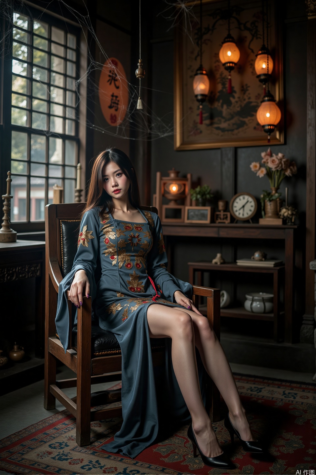 Realistic photos, a Chinese zombie girl, zombie torn dress, torn pantyhose, long legs, high heels, sitting, ancient Chinese room, full of spider webs, ancient lanterns hanging, horror atmosphere,