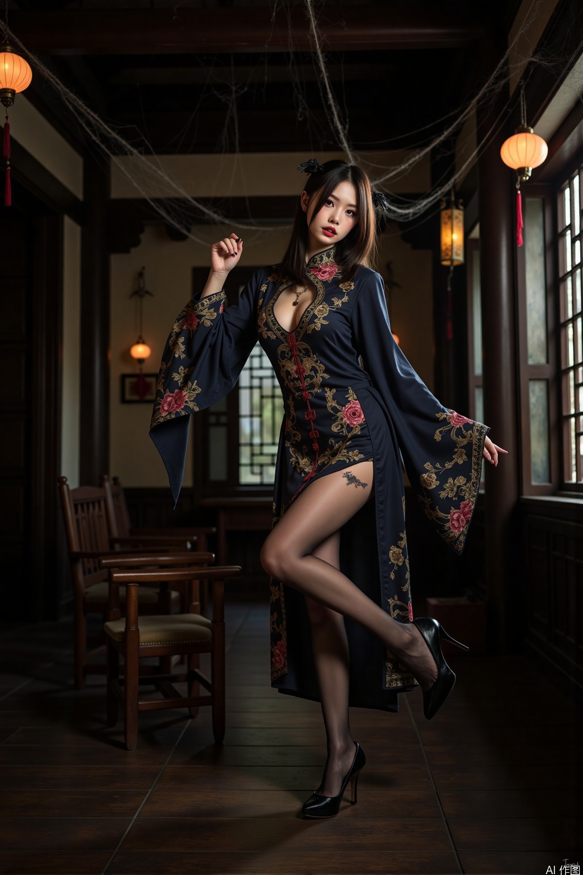 Realistic photos, a Chinese zombie girl, zombie dress, torn pantyhose, long legs, high heels, ancient Chinese room, full of spider webs, ancient lanterns hanging, horror atmosphere,