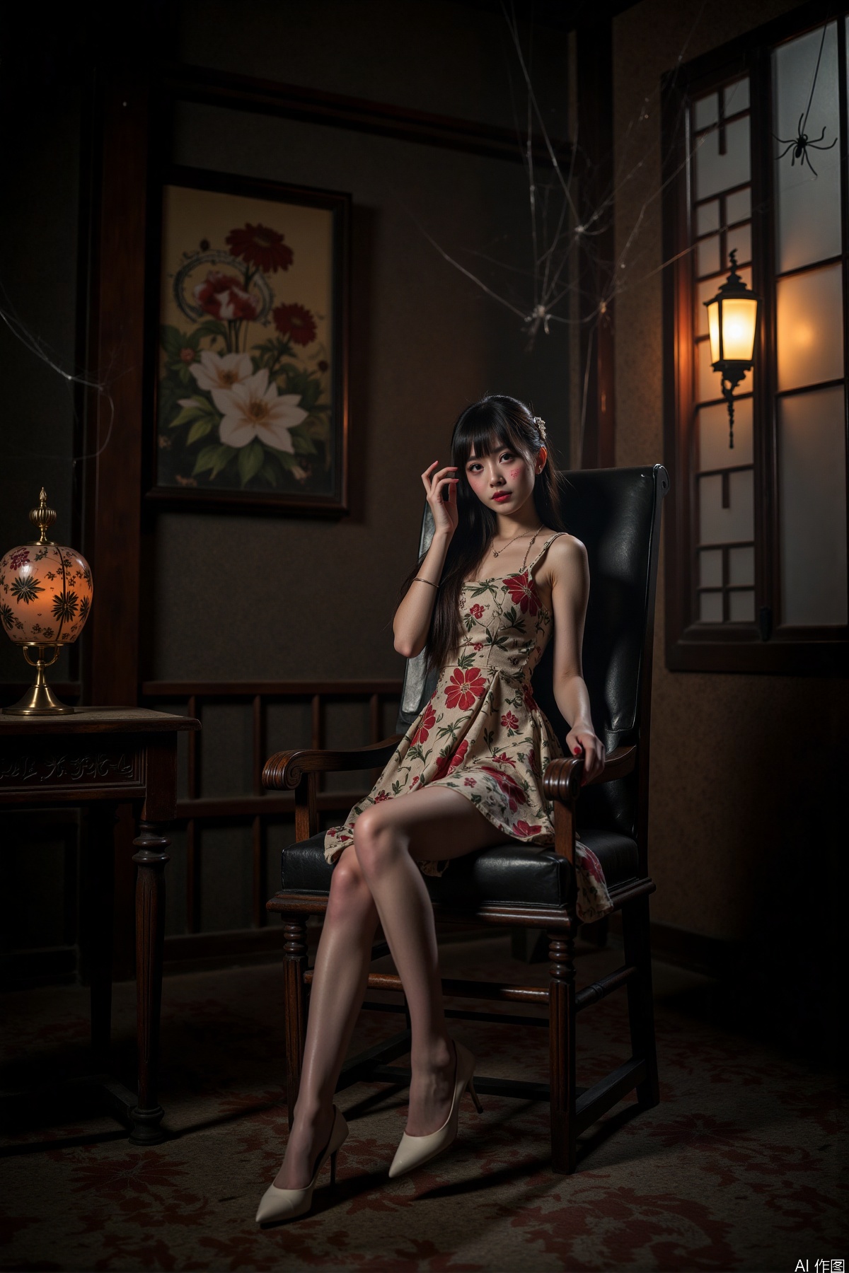 Realistic photos, a Chinese zombie girl, zombie torn dress, torn pantyhose, long legs, high heels, sitting, ancient Chinese room, full of spider webs, ancient lanterns hanging, horror atmosphere,