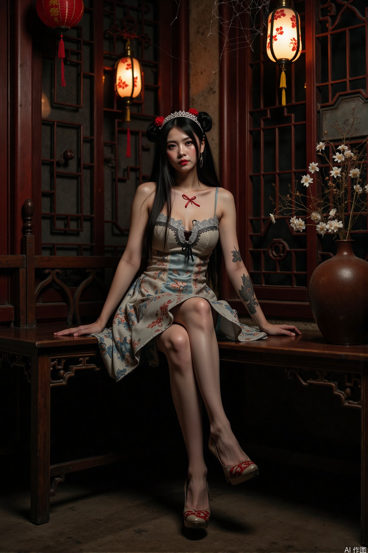 Realistic photos, a Chinese zombie girl, zombie torn dress, torn pantyhose, long legs, high heels, sitting, ancient Chinese room, full of spider webs, ancient lanterns hanging, horror atmosphere,
