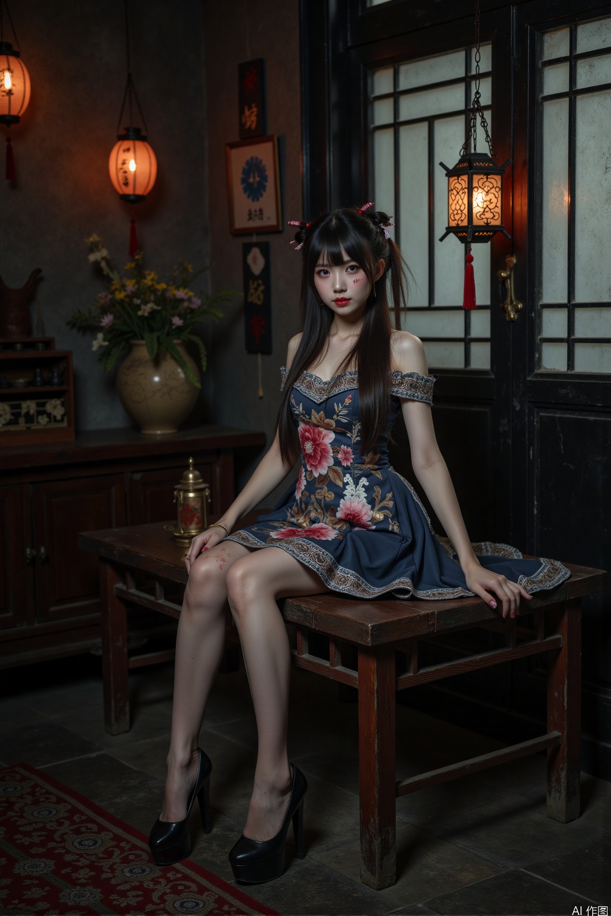 Realistic photos, a Chinese zombie girl, zombie torn dress, torn pantyhose, long legs, high heels, sitting, ancient Chinese room, full of spider webs, ancient lanterns hanging, horror atmosphere,