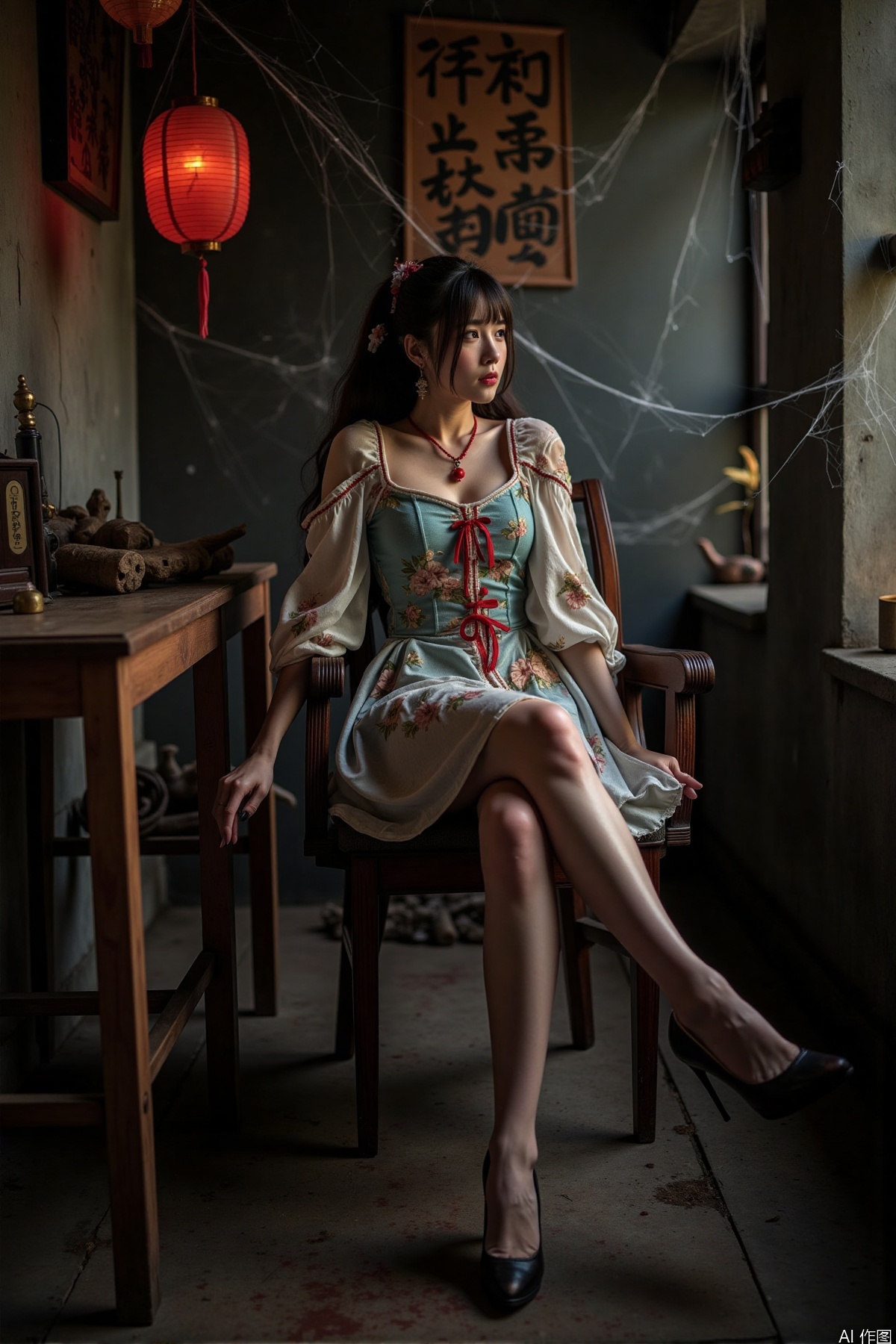 Realistic photos, a Chinese zombie girl, zombie torn dress, torn pantyhose, long legs, high heels, ancient Chinese room, full of spider webs, ancient lanterns hanging, horror atmosphere,