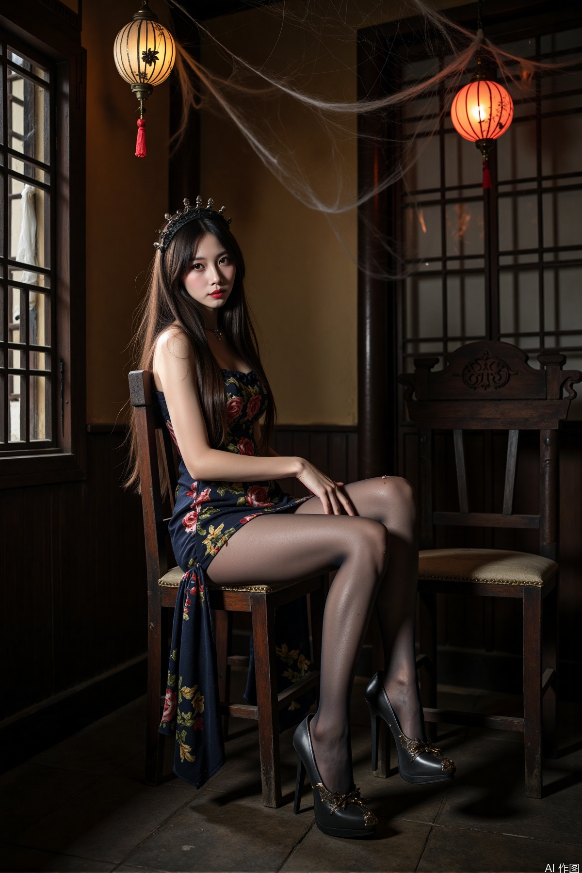 Realistic photos, a Chinese zombie girl, zombie torn dress, torn pantyhose, long legs, high heels, sitting, ancient Chinese room, full of spider webs, ancient lanterns hanging, horror atmosphere,