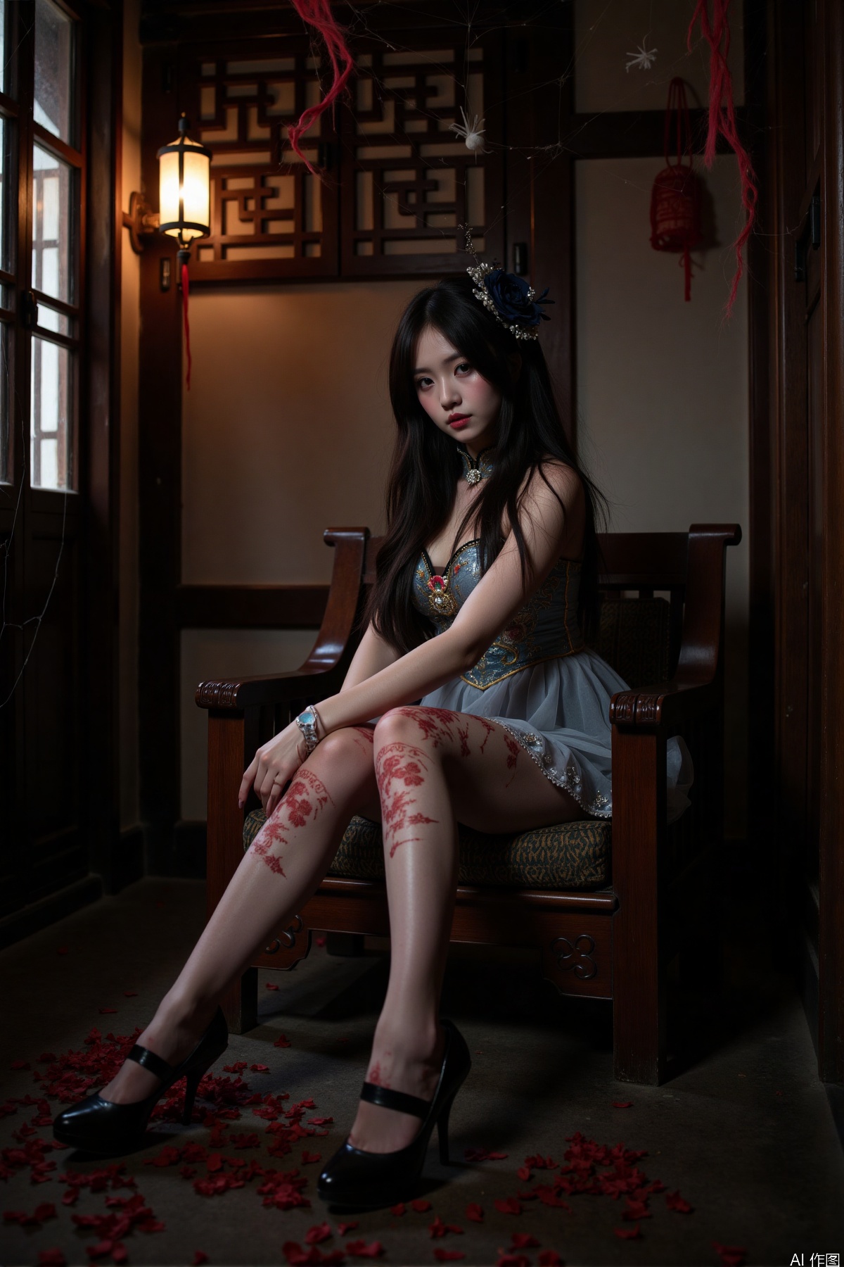 Realistic photos, a Chinese zombie girl, zombie torn dress, torn pantyhose, long legs, high heels, sitting, ancient Chinese room, full of spider webs, ancient lanterns hanging, horror atmosphere,