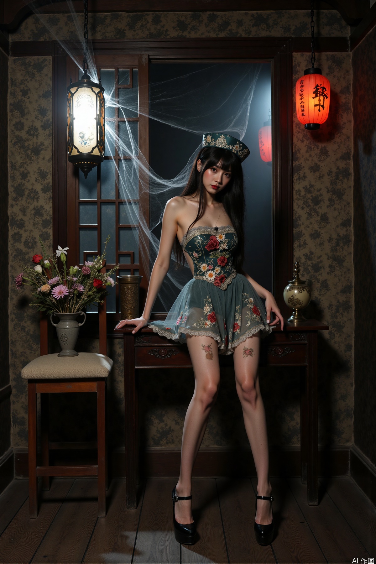 Realistic photos, a Chinese zombie girl, zombie dress, torn pantyhose, long legs, high heels, ancient Chinese room, full of spider webs, ancient lanterns hanging, horror atmosphere,