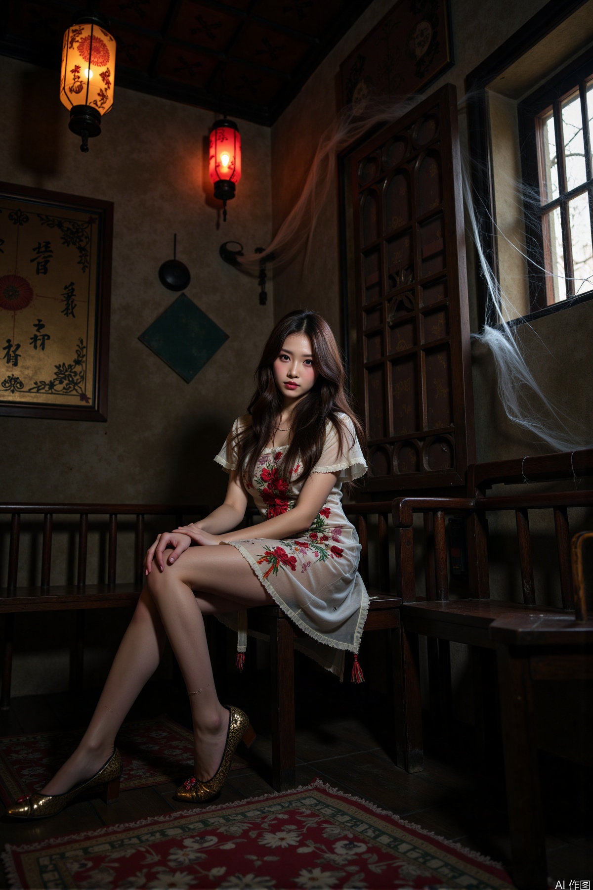 Realistic photos, a Chinese zombie girl, zombie torn dress, torn pantyhose, long legs, high heels, sitting, ancient Chinese room, full of spider webs, ancient lanterns hanging, horror atmosphere,