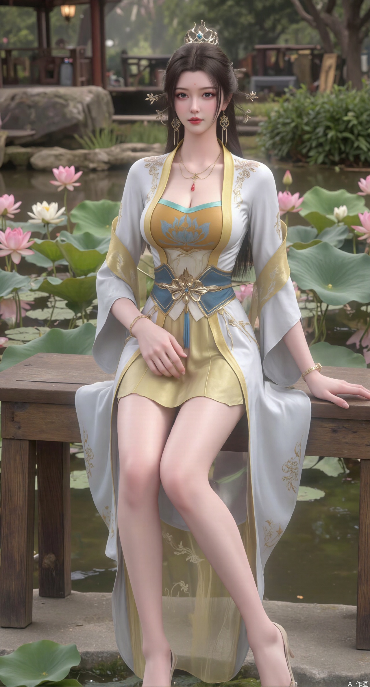 SFW,(masterpiece:1.2),best quality,The image is a digital illustration of a young woman sitting on a wooden bench in a pond with lily pads. She is wearing a long dress with design on the chest and sleeves. The dress has a high neckline and short sleeves,Holding a lotus in hand. She has long dark hair styled in loose waves and is wearing gold high heels. The woman is posing with one hand on her hip and the other resting on the edge of the bench. The background is filled with pink and white lotus flowers and green leaves. The overall mood of the image is peaceful and serene,(huge breasts:2.99),(full breasts:2.99),(Background with traditional Chinese architecture, lotus pond and pink lotus flowers:1.39),XtianqiongY,XliumeiY,XyueliuY,Xxiaowu,Xyusanniang,Xxuenv,XchuxuanerXY,XchuxuanerX,Xhuangnv,XyunyunX,XqingnvzongZM