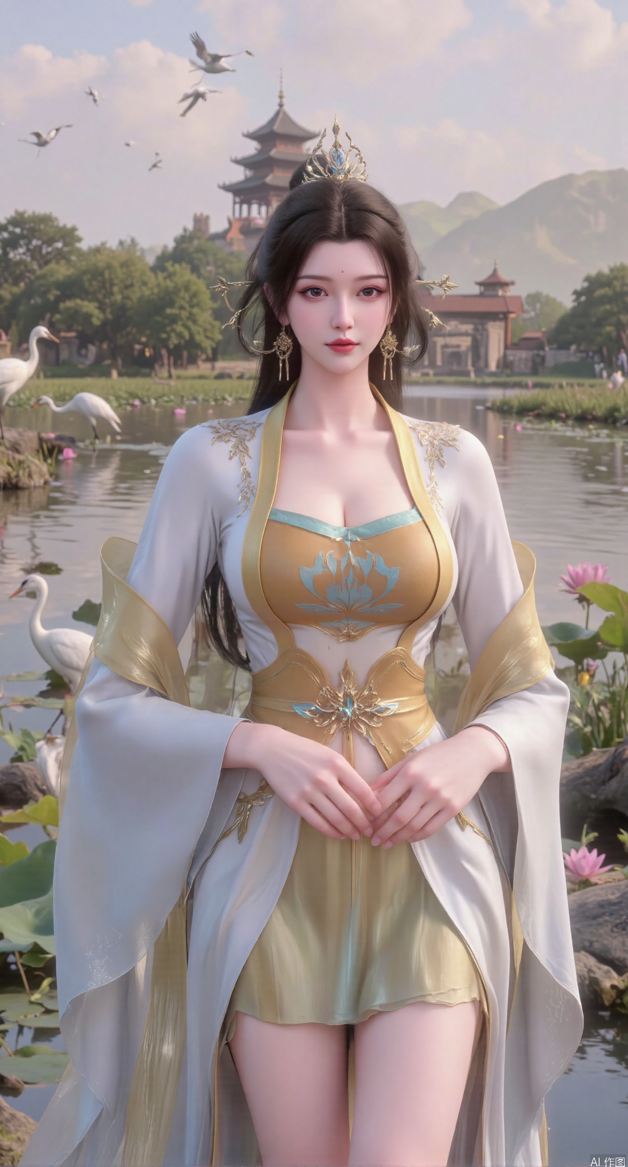 SFW,(masterpiece:1.2),best quality,1girl,solo,long hair,long dress,celestial maiden in flowing tulle gown levitates above lotus pond, ethereal mist trails from hair ribbons, mythical Penglai paradise emerges through clouds with glowing pavilions, translucent bioluminescent lotus blooms, flock of cranes gliding over water surface, ultra HD with soft 3D rendering, morning light filters through mist, falling petal rain, intricate details on scale-patterned fabric and lotus veins.(huge breasts:2.99),(full breasts:2.99),XanmiaoyiY,XhuolingerHHY,XwangqiuerKQW,Xxuenv,Xnanqiuqiu,Xhuangnv,XchuxuanerX,XchuxuanerXY,XyunyunX,XqingnvzongZM
