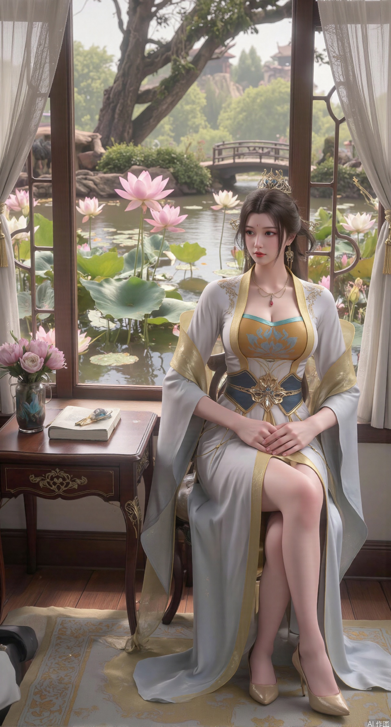 SFW,(masterpiece, best quality:1.2),1girl, solo, long dress,Ancient princess's boudoir with bright color palette,,(huge breasts:2.59),(full breasts:2.39), Hanfu-clad maiden sitting by latticed window desk in romantic daydreaming posture, classical Chinese garden through window showcasing lotus pond filled with blooming pink and white lotuses, delicate ink-wash painting style, interior featuring rosewood furniture with mother-of-pearl inlay, silk curtains fluttering in breeze, porcelain stationery set on desk, distant view of curved bridges and pavilions in garden, ultra HD rendering with crisp details on embroidered garments and translucent lotus petals,,(huge breasts:2.99),(full breasts:2.99),,XtianqiongY,XliumeiY,XyueliuY,Xxiaowu,Xyusanniang,Xxuenv,XchuxuanerXY,XchuxuanerX,Xhuangnv,Xshangguanweier,XyunyunX,XqingnvzongZM