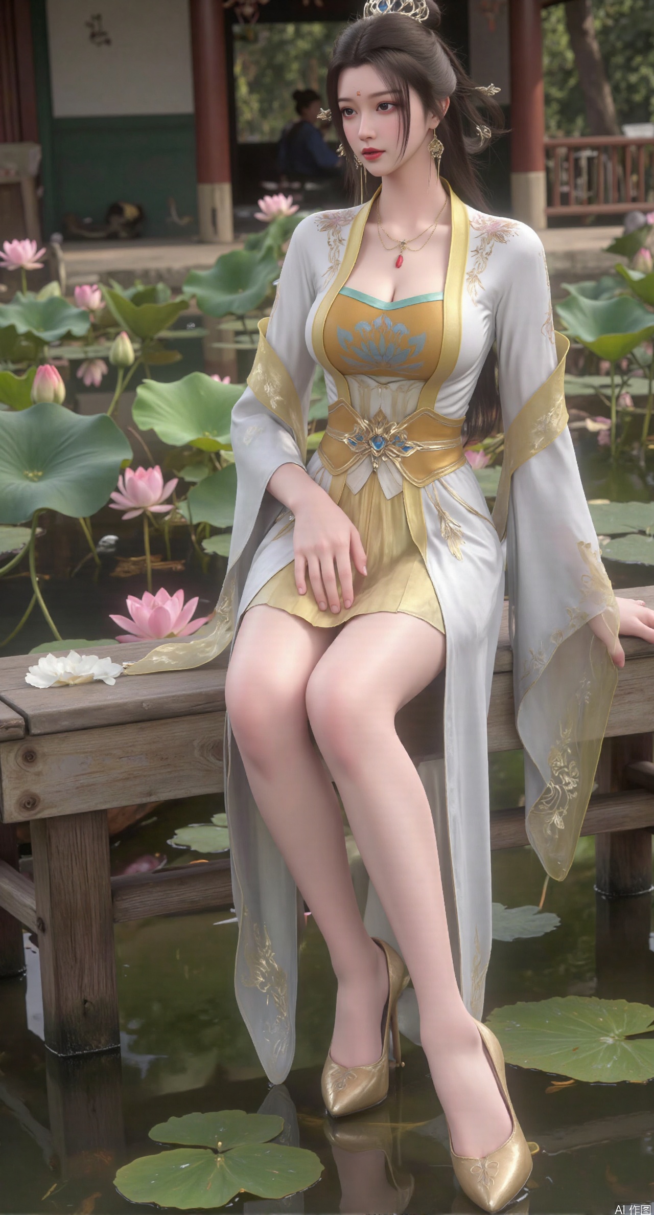 SFW,(masterpiece:1.2),best quality,The image is a digital illustration of a young woman sitting on a wooden bench in a pond with lily pads. She is wearing a long dress with design on the chest and sleeves. The dress has a high neckline and short sleeves,Holding a lotus in hand. She has long dark hair styled in loose waves and is wearing gold high heels. The woman is posing with one hand on her hip and the other resting on the edge of the bench. The background is filled with pink and white lotus flowers and green leaves. The overall mood of the image is peaceful and serene,(huge breasts:2.99),(full breasts:2.99),(Background with traditional Chinese architecture, lotus pond and pink lotus flowers:1.39),XtianqiongY,XliumeiY,XyueliuY,Xxiaowu,Xyusanniang,Xxuenv,XchuxuanerXY,XchuxuanerX,Xhuangnv,XyunyunX,XqingnvzongZM