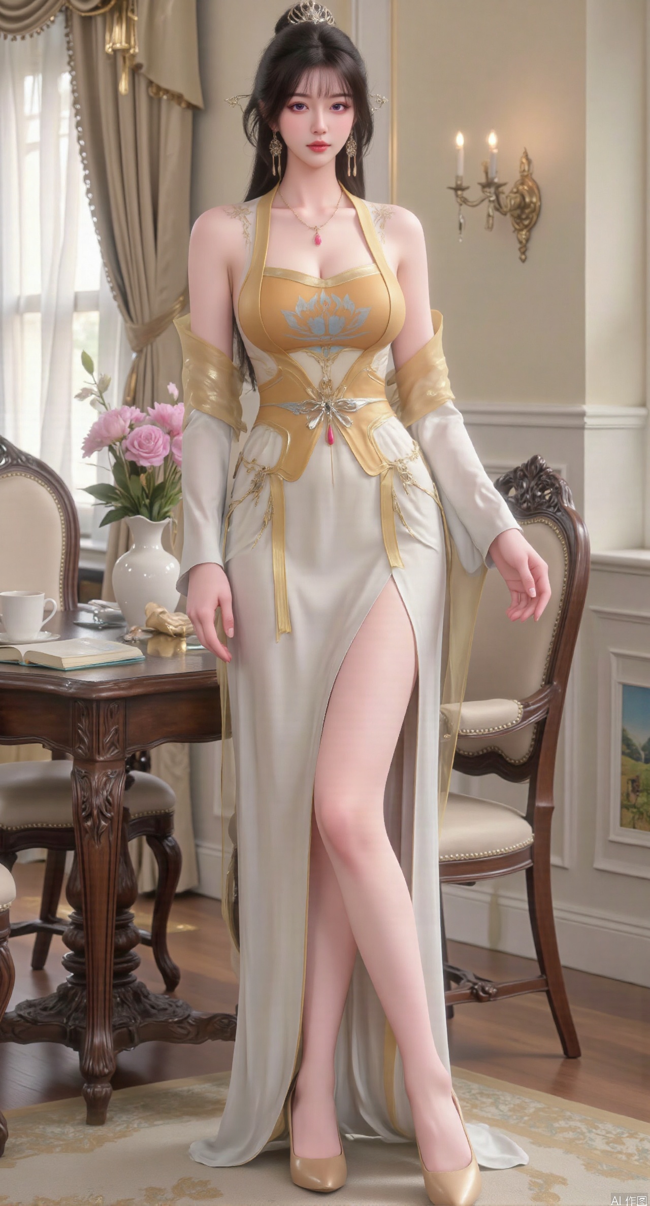 Ultra clear, wallpaper, 8k, masterpiece, 1girl, solo, long hair, breasts, looking at viewer, bangs, large breasts,long dress,, bare shoulders, jewelry, black hair, standing, purple eyes, full body, flower, thighs, indoors, hair bun, long dress, high heels, cup, see-through, book, bare legs, window, table, white footwear, standing on one leg, curtains, pink flower, side slit, vase, ,(huge breasts:2.99),(full breasts:2.99),phone screen,XanmiaoyiY,XhuolingerHHY,XwangqiuerKQW,Xxuenv,Xnanqiuqiu,Xhuangnv,XchuxuanerX,XchuxuanerXY,Xjuzi,XyunyunX,XqingnvzongZM