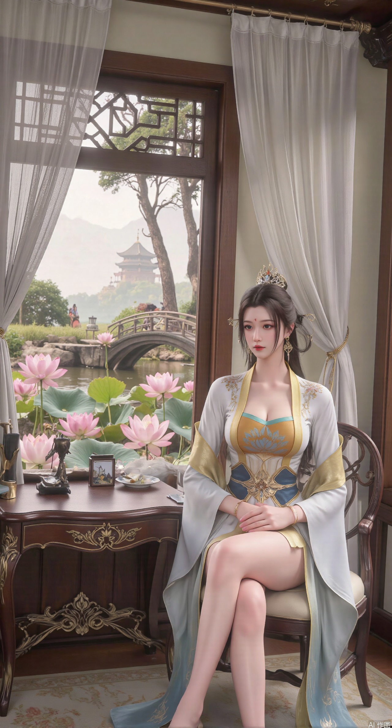 SFW,(masterpiece, best quality:1.2),1girl, solo, long dress,Ancient princess's boudoir with bright color palette,,(huge breasts:2.59),(full breasts:2.39), Hanfu-clad maiden sitting by latticed window desk in romantic daydreaming posture, classical Chinese garden through window showcasing lotus pond filled with blooming pink and white lotuses, delicate ink-wash painting style, interior featuring rosewood furniture with mother-of-pearl inlay, silk curtains fluttering in breeze, porcelain stationery set on desk, distant view of curved bridges and pavilions in garden, ultra HD rendering with crisp details on embroidered garments and translucent lotus petals,,(huge breasts:2.99),(full breasts:2.99),,XtianqiongY,XliumeiY,XyueliuY,Xxiaowu,Xyusanniang,Xxuenv,XchuxuanerXY,XchuxuanerX,Xhuangnv,Xshangguanweier,XyunyunX,XqingnvzongZM