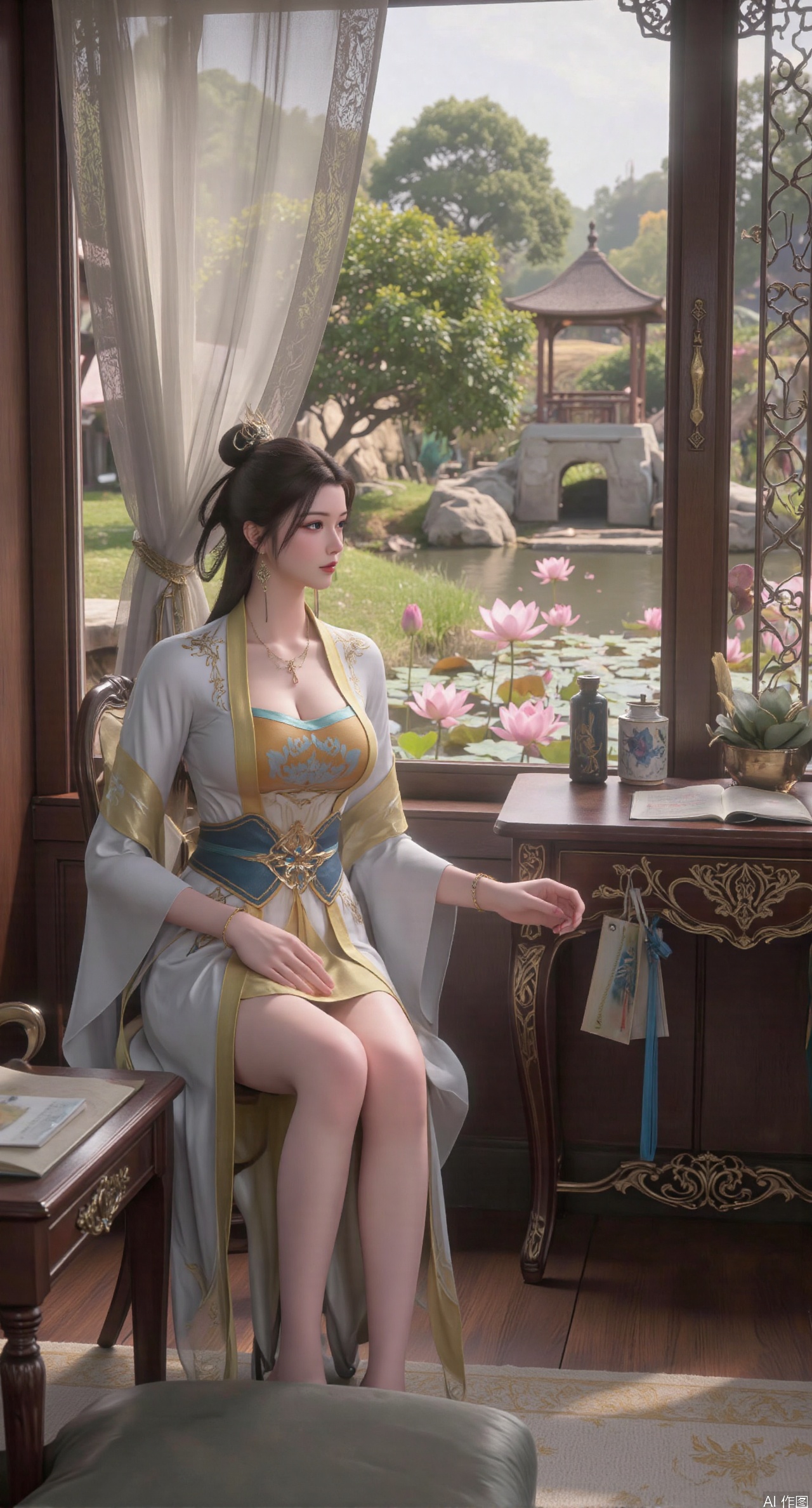 SFW,(masterpiece, best quality:1.2),1girl, solo, long dress,Ancient princess's boudoir with bright color palette,,(huge breasts:2.59),(full breasts:2.39), Hanfu-clad maiden sitting by latticed window desk in romantic daydreaming posture, classical Chinese garden through window showcasing lotus pond filled with blooming pink and white lotuses, delicate ink-wash painting style, interior featuring rosewood furniture with mother-of-pearl inlay, silk curtains fluttering in breeze, porcelain stationery set on desk, distant view of curved bridges and pavilions in garden, ultra HD rendering with crisp details on embroidered garments and translucent lotus petals,,(huge breasts:2.99),(full breasts:2.99),,XtianqiongY,XliumeiY,XyueliuY,Xxiaowu,Xyusanniang,Xxuenv,XchuxuanerXY,XchuxuanerX,Xhuangnv,Xshangguanweier,XyunyunX,XqingnvzongZM