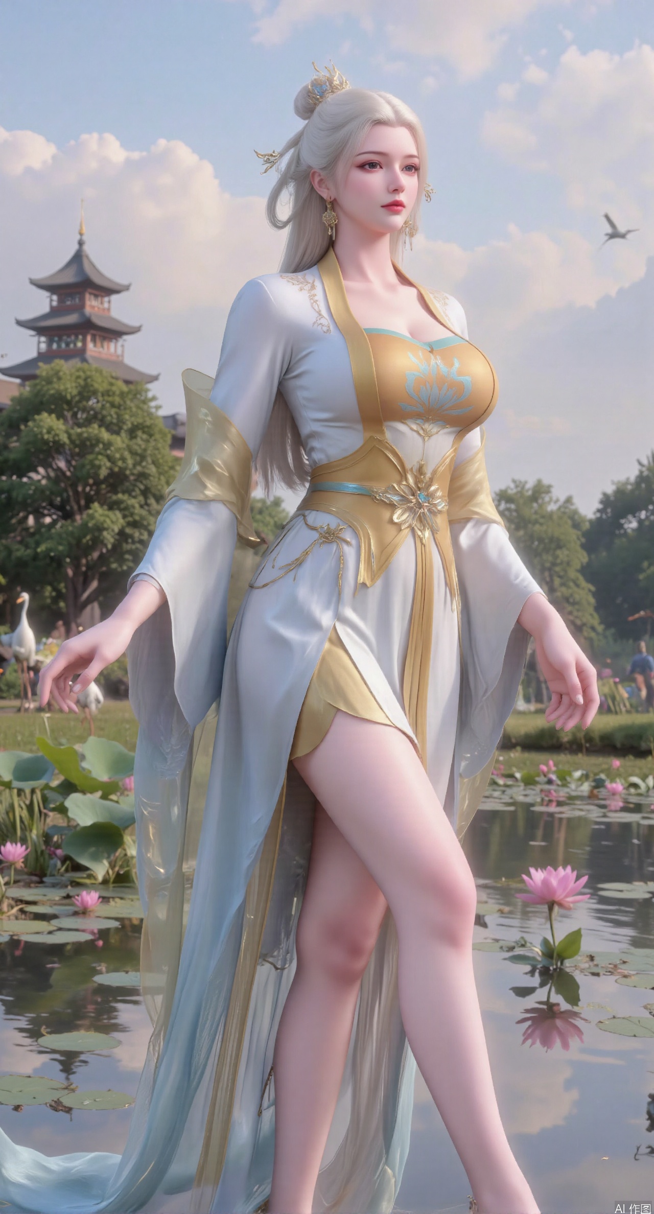 SFW,(masterpiece:1.2),best quality,1girl,solo,long hair,long dress,celestial maiden in flowing tulle gown levitates above lotus pond, ethereal mist trails from hair ribbons, mythical Penglai paradise emerges through clouds with glowing pavilions, translucent bioluminescent lotus blooms, flock of cranes gliding over water surface, ultra HD with soft 3D rendering, morning light filters through mist, falling petal rain, intricate details on scale-patterned fabric and lotus veins.(huge breasts:2.99),(full breasts:2.99),XanmiaoyiY,XhuolingerHHY,XwangqiuerKQW,Xxuenv,Xnanqiuqiu,Xhuangnv,XchuxuanerX,XchuxuanerXY,XyunyunX,XqingnvzongZM