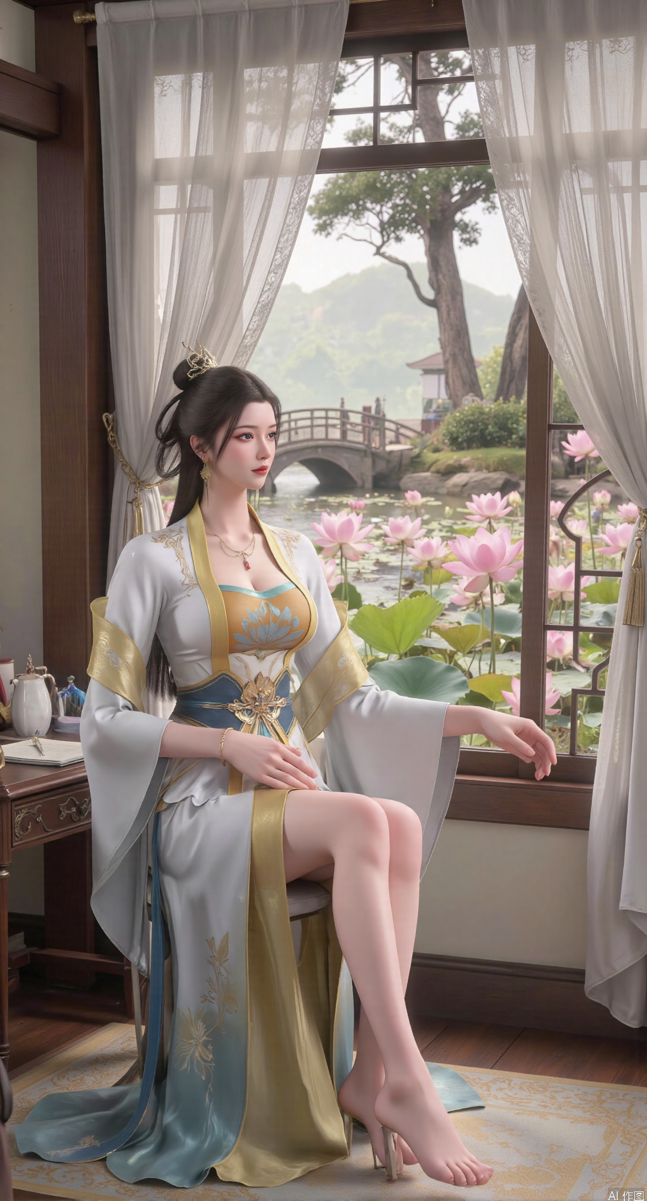 SFW,(masterpiece, best quality:1.2),1girl, solo, long dress,Ancient princess's boudoir with bright color palette,,(huge breasts:2.59),(full breasts:2.39), Hanfu-clad maiden sitting by latticed window desk in romantic daydreaming posture, classical Chinese garden through window showcasing lotus pond filled with blooming pink and white lotuses, delicate ink-wash painting style, interior featuring rosewood furniture with mother-of-pearl inlay, silk curtains fluttering in breeze, porcelain stationery set on desk, distant view of curved bridges and pavilions in garden, ultra HD rendering with crisp details on embroidered garments and translucent lotus petals,,(huge breasts:2.99),(full breasts:2.99),,XtianqiongY,XliumeiY,XyueliuY,Xxiaowu,Xyusanniang,Xxuenv,XchuxuanerXY,XchuxuanerX,Xhuangnv,Xshangguanweier,XyunyunX,XqingnvzongZM