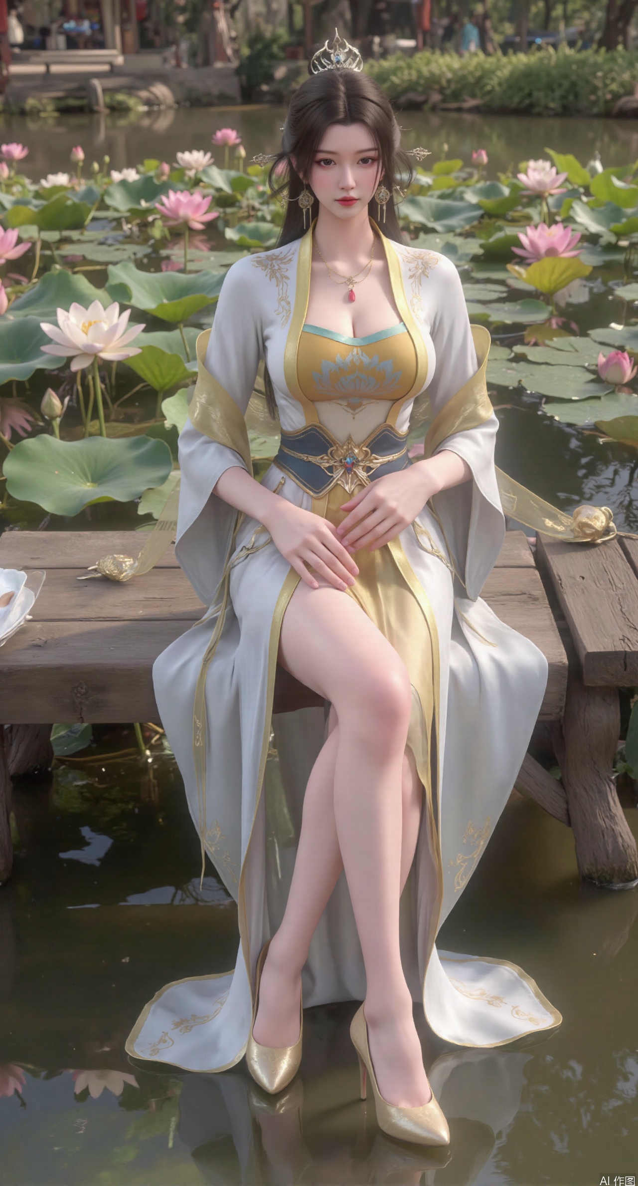 SFW,(masterpiece:1.2),best quality,The image is a digital illustration of a young woman sitting on a wooden bench in a pond with lily pads. She is wearing a long dress with design on the chest and sleeves. The dress has a high neckline and short sleeves,Holding a lotus in hand. She has long dark hair styled in loose waves and is wearing gold high heels. The woman is posing with one hand on her hip and the other resting on the edge of the bench. The background is filled with pink and white lotus flowers and green leaves. The overall mood of the image is peaceful and serene,(huge breasts:2.99),(full breasts:2.99),(Background with traditional Chinese architecture, lotus pond and pink lotus flowers:1.39),XtianqiongY,XliumeiY,XyueliuY,Xxiaowu,Xyusanniang,Xxuenv,XchuxuanerXY,XchuxuanerX,Xhuangnv,XyunyunX,XqingnvzongZM