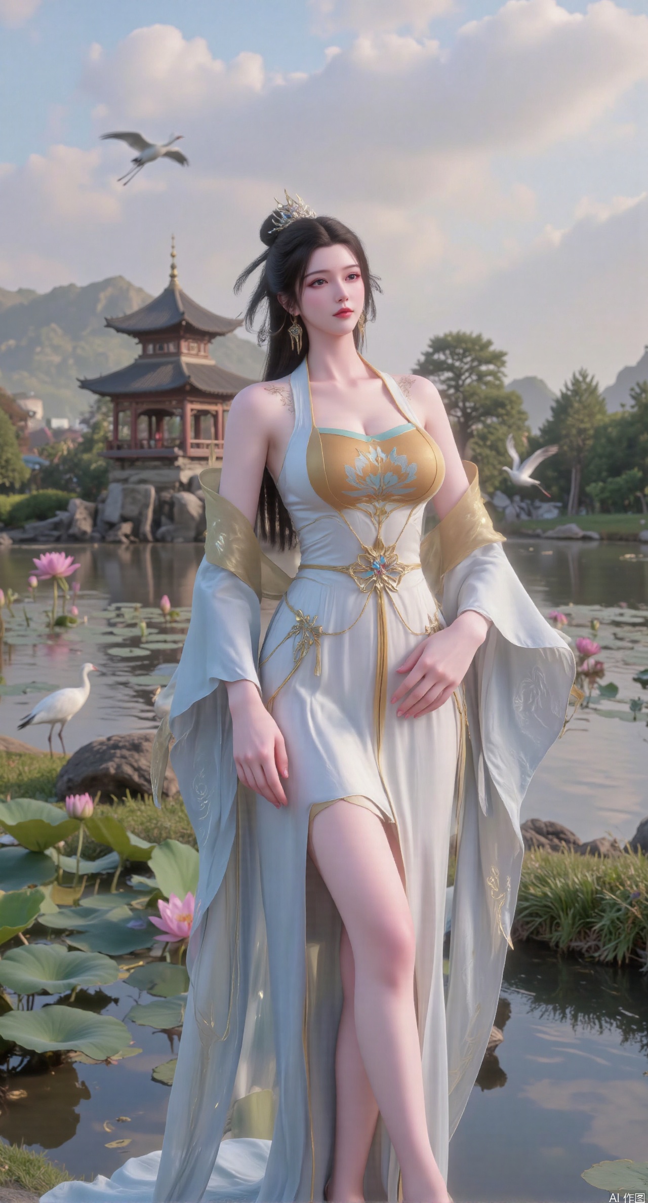 SFW,(masterpiece:1.2),best quality,1girl,solo,long hair,long dress,celestial maiden in flowing tulle gown levitates above lotus pond, ethereal mist trails from hair ribbons, mythical Penglai paradise emerges through clouds with glowing pavilions, translucent bioluminescent lotus blooms, flock of cranes gliding over water surface, ultra HD with soft 3D rendering, morning light filters through mist, falling petal rain, intricate details on scale-patterned fabric and lotus veins.(huge breasts:2.99),(full breasts:2.99),XanmiaoyiY,XhuolingerHHY,XwangqiuerKQW,Xxuenv,Xnanqiuqiu,Xhuangnv,XchuxuanerX,XchuxuanerXY,XyunyunX,XqingnvzongZM