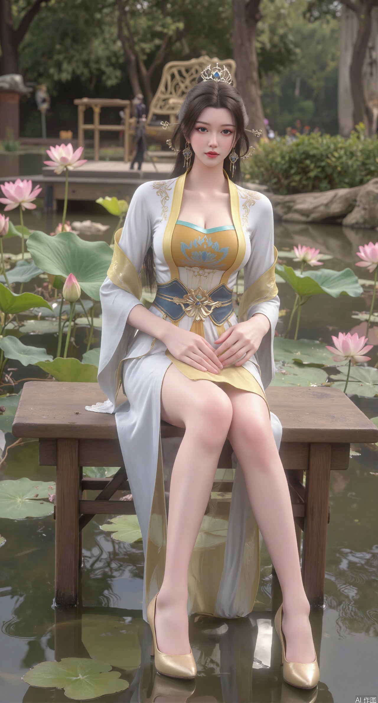 SFW,(masterpiece:1.2),best quality,The image is a digital illustration of a young woman sitting on a wooden bench in a pond with lily pads. She is wearing a long dress with design on the chest and sleeves. The dress has a high neckline and short sleeves,Holding a lotus in hand. She has long dark hair styled in loose waves and is wearing gold high heels. The woman is posing with one hand on her hip and the other resting on the edge of the bench. The background is filled with pink and white lotus flowers and green leaves. The overall mood of the image is peaceful and serene,(huge breasts:2.99),(full breasts:2.99),(Background with traditional Chinese architecture, lotus pond and pink lotus flowers:1.39),XtianqiongY,XliumeiY,XyueliuY,Xxiaowu,Xyusanniang,Xxuenv,XchuxuanerXY,XchuxuanerX,Xhuangnv,XyunyunX,XqingnvzongZM