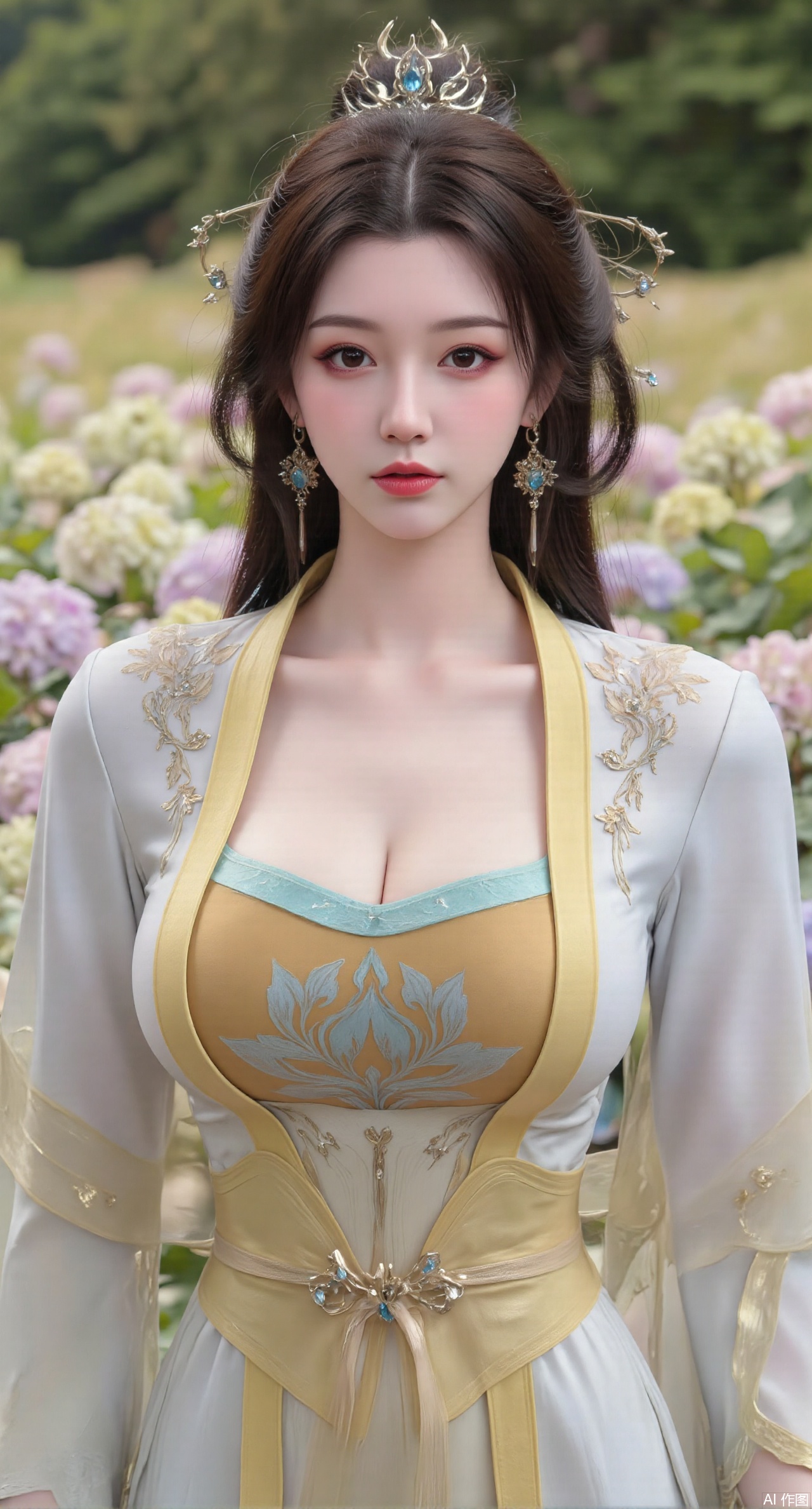  SFW,(masterpiece:1.2),best quality,absurdres,masterpiece,original,extremely detailed wallpaper,perfect lighting,1girl,solo,looking at viewer,(cowboy_shot:1.3),long hair,high heels,blurry background,depth of field,motion blur,(long dress:1.23),china_dress,chinese_style,bare shouders,crystal_earrings,headpiece,hair_tie,chest_jewel,gem,necklace,jewelry,in summer,day,outdoors,nature,garden,,(standing,Hydrangea, Hydrangea Field:1.59),(huge breasts:2.99),(full breasts:2.99),Xzhihua,Xsiyouyou,Xyanruyu,Xmoxiaonan,Xyeqingxian,Xyunwangshu,XlishaoyinY,Xxiaowu,Xyusanniang,XhuolingerHHY,Xwangqiuer,Xxuenv,XyunyunX,XqingnvzongZM,Xshangguanweier,XanmiaoyiXY