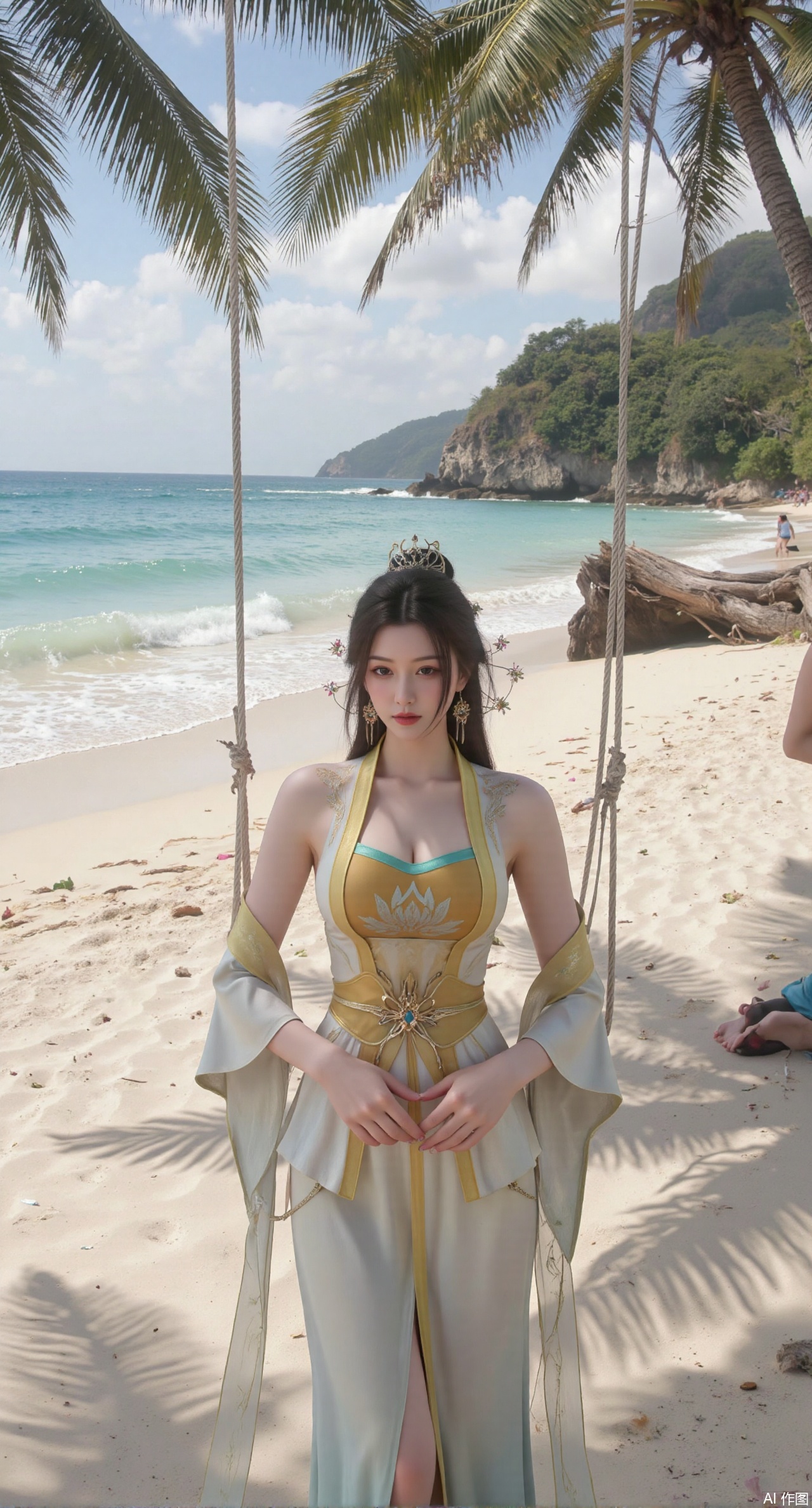  SFW,(masterpiece:1.2),best quality,absurdres,masterpiece,original,extremely detailed wallpaper,perfect lighting,Golden sandy beach covered with vibrant flowers, turquoise waves gently lapping the shore, elegant woman in embroidered qipao swinging on a wooden swing under coconut trees, bright flower clusters spreading from sand to palm tree roots, soft natural light filtering through coconut leaves, ocean breeze lifting hair and qipao hem, high-resolution details showcasing petal textures and silk fabric sheen, ultra-wide angle lens capturing coastline panorama, cinematic color grading with soft focus on the central figure,(huge breasts:2.99),(full breasts:2.99),Xanmiaoyi,Xyunwangshu,XlishaoyinY,Xbaixue,XanmiaoyiY,Xxiuqiuhua,XbaiyuerongY,XyunyunX,XqingnvzongZM,Xjuzi,Xshangguanweier,XanmiaoyiXY