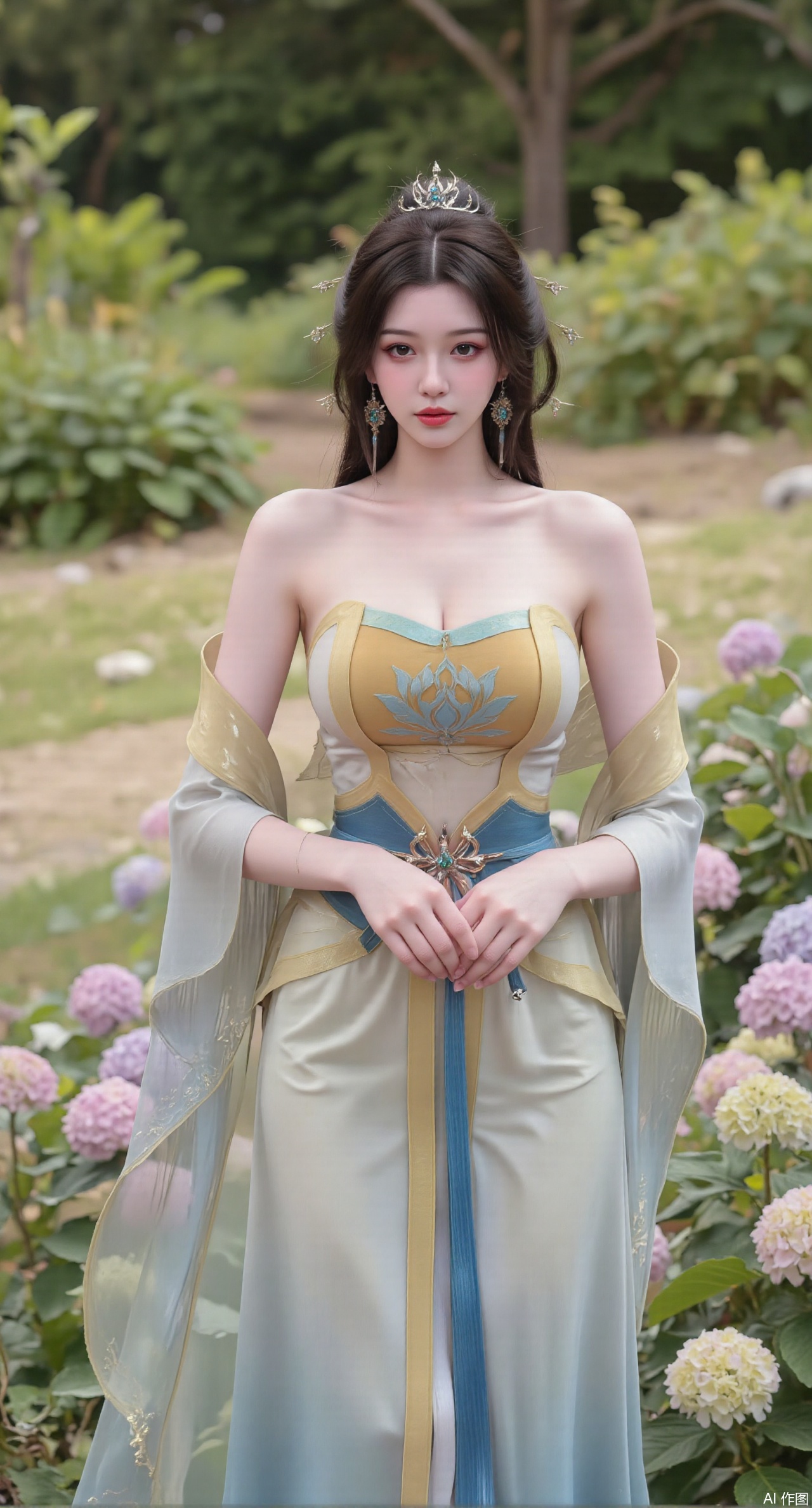  SFW,(masterpiece:1.2),best quality,absurdres,masterpiece,original,extremely detailed wallpaper,perfect lighting,1girl,solo,looking at viewer,(cowboy_shot:1.3),long hair,high heels,blurry background,depth of field,motion blur,(long dress:1.23),china_dress,chinese_style,bare shouders,crystal_earrings,headpiece,hair_tie,chest_jewel,gem,necklace,jewelry,in summer,day,outdoors,nature,garden,,(standing,Hydrangea, Hydrangea Field:1.59),(huge breasts:2.99),(full breasts:2.99),Xzhihua,Xsiyouyou,Xyanruyu,Xmoxiaonan,Xyeqingxian,Xyunwangshu,XlishaoyinY,Xxiaowu,Xyusanniang,XhuolingerHHY,Xwangqiuer,Xxuenv,XyunyunX,XqingnvzongZM,Xshangguanweier,XanmiaoyiXY