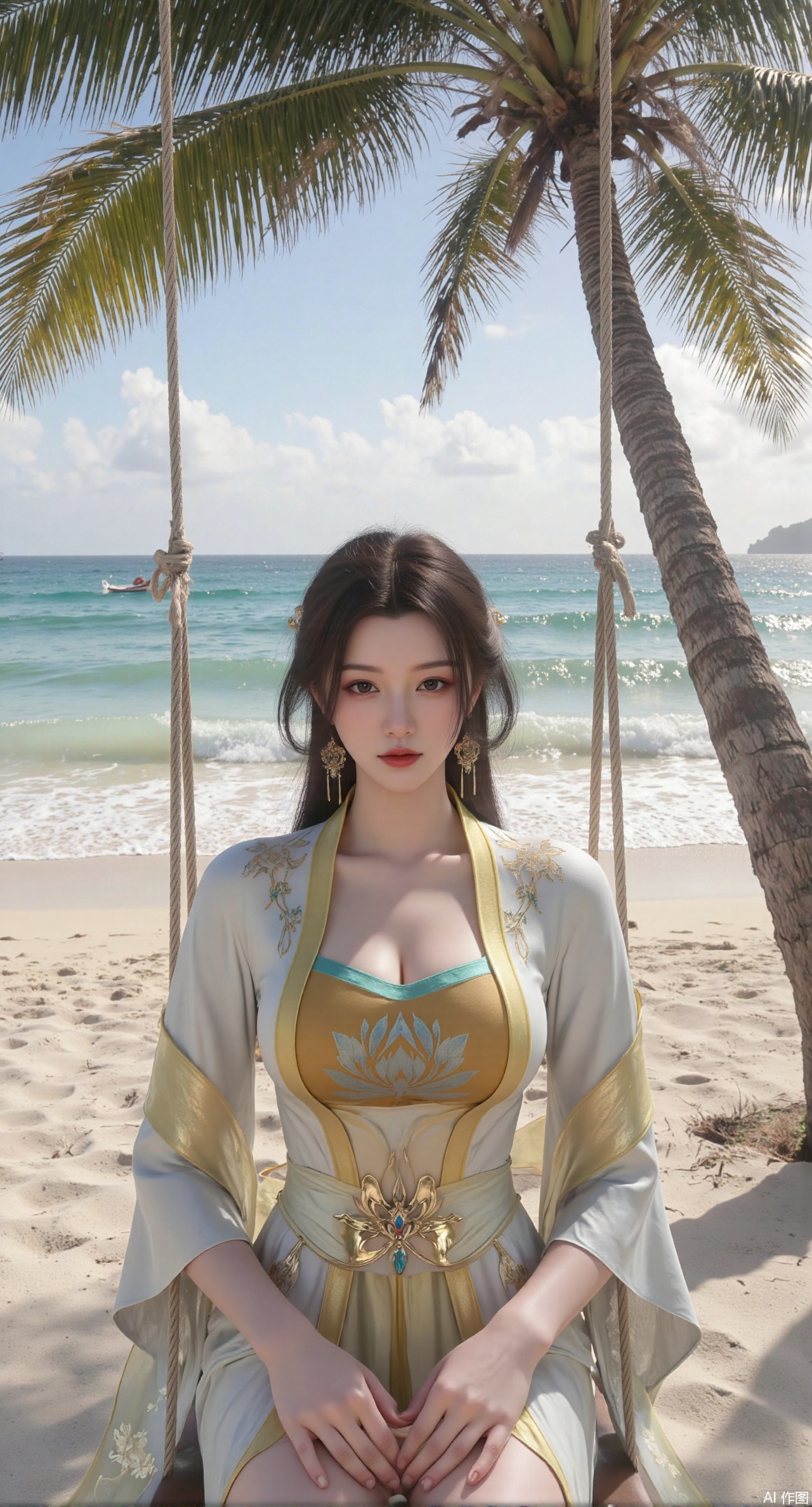  SFW,(masterpiece:1.2),best quality,absurdres,masterpiece,original,extremely detailed wallpaper,perfect lighting,Golden sandy beach covered with vibrant flowers, turquoise waves gently lapping the shore, elegant woman in embroidered qipao swinging on a wooden swing under coconut trees, bright flower clusters spreading from sand to palm tree roots, soft natural light filtering through coconut leaves, ocean breeze lifting hair and qipao hem, high-resolution details showcasing petal textures and silk fabric sheen, ultra-wide angle lens capturing coastline panorama, cinematic color grading with soft focus on the central figure,(huge breasts:2.99),(full breasts:2.99),Xanmiaoyi,Xyunwangshu,XlishaoyinY,Xbaixue,XanmiaoyiY,Xxiuqiuhua,XbaiyuerongY,XyunyunX,XqingnvzongZM,Xjuzi,Xshangguanweier,XanmiaoyiXY