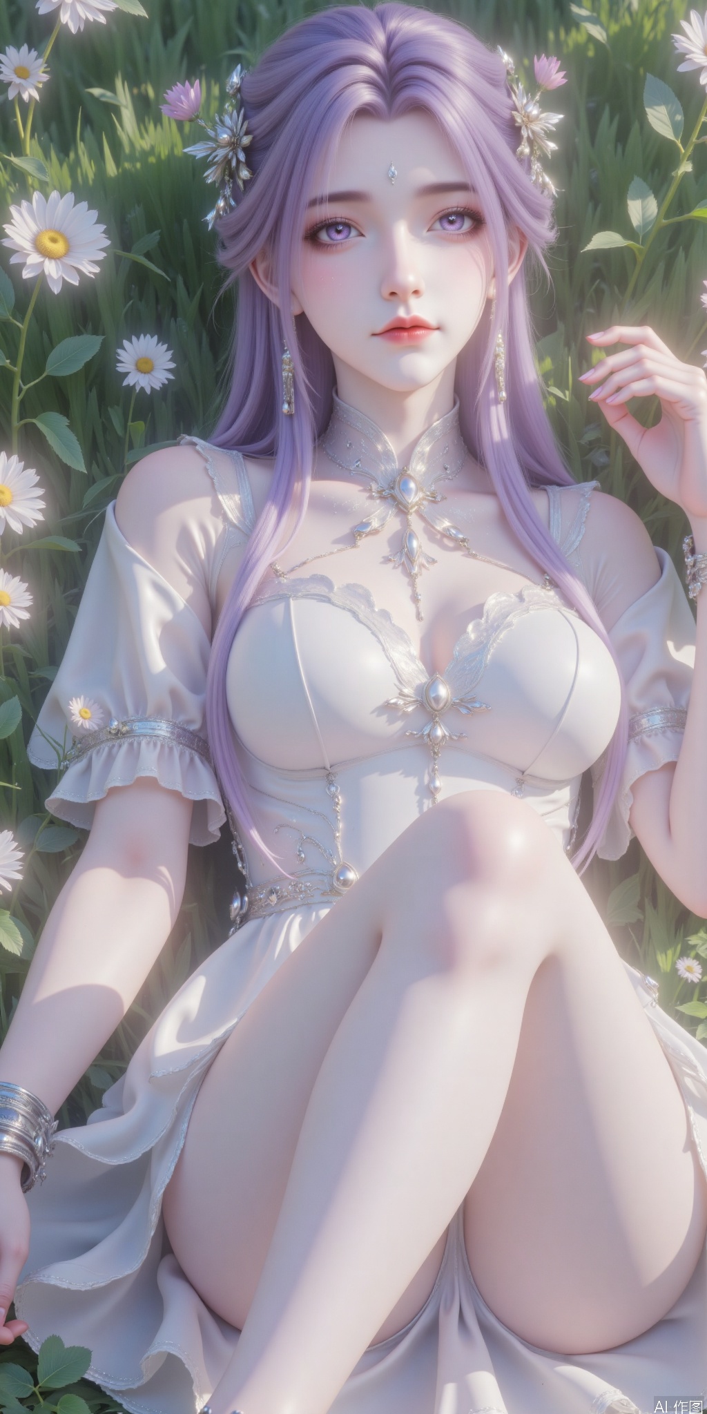 Masterpiece, full body, high quality, best quality, fine linearity, high detail, a playful and cute little beauty, playful pose, charming appearance, purple hair, collarbone, big boobs, green grass, blurred background, fashion sense, humidity, Tyndal effect, body wet, wearing a white T-shirt with a navel exposed, wearing a girl's pink short skirt, long legs, lying down, long legs, slightly bent knees, high heels and long legs, hands raised, stretched posture, heart and hands.