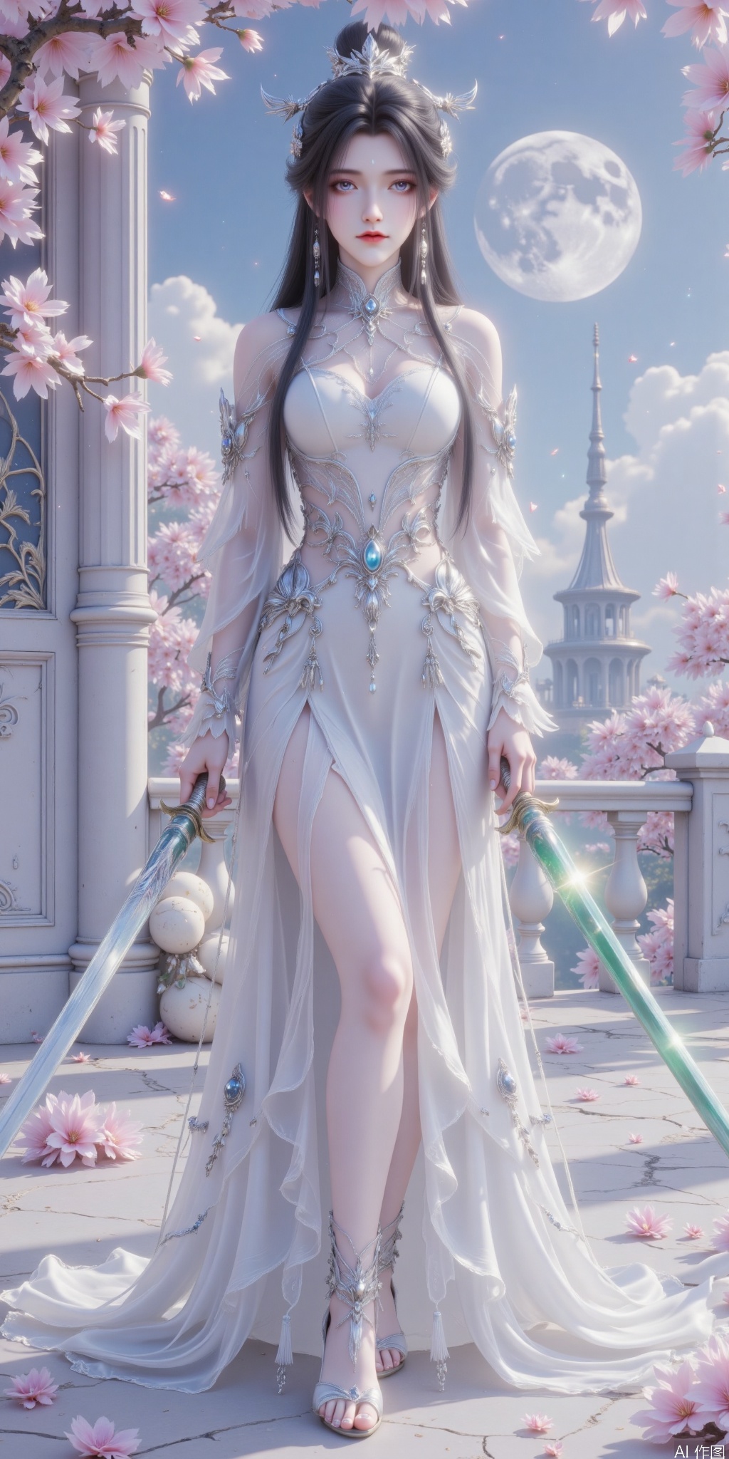 - Snow yarn high-slit long skirt, the jade pendant at waist sounds lightly as the movements - Silver hairpin falls tassels between hair, long legs appear and faintly **Sword**: - Green jade long sword, slashing out the phoenix-shaped sword energy**Scene**: - Glazed tiles under the moon, the sword energy shakes the peach blossoms all over the city