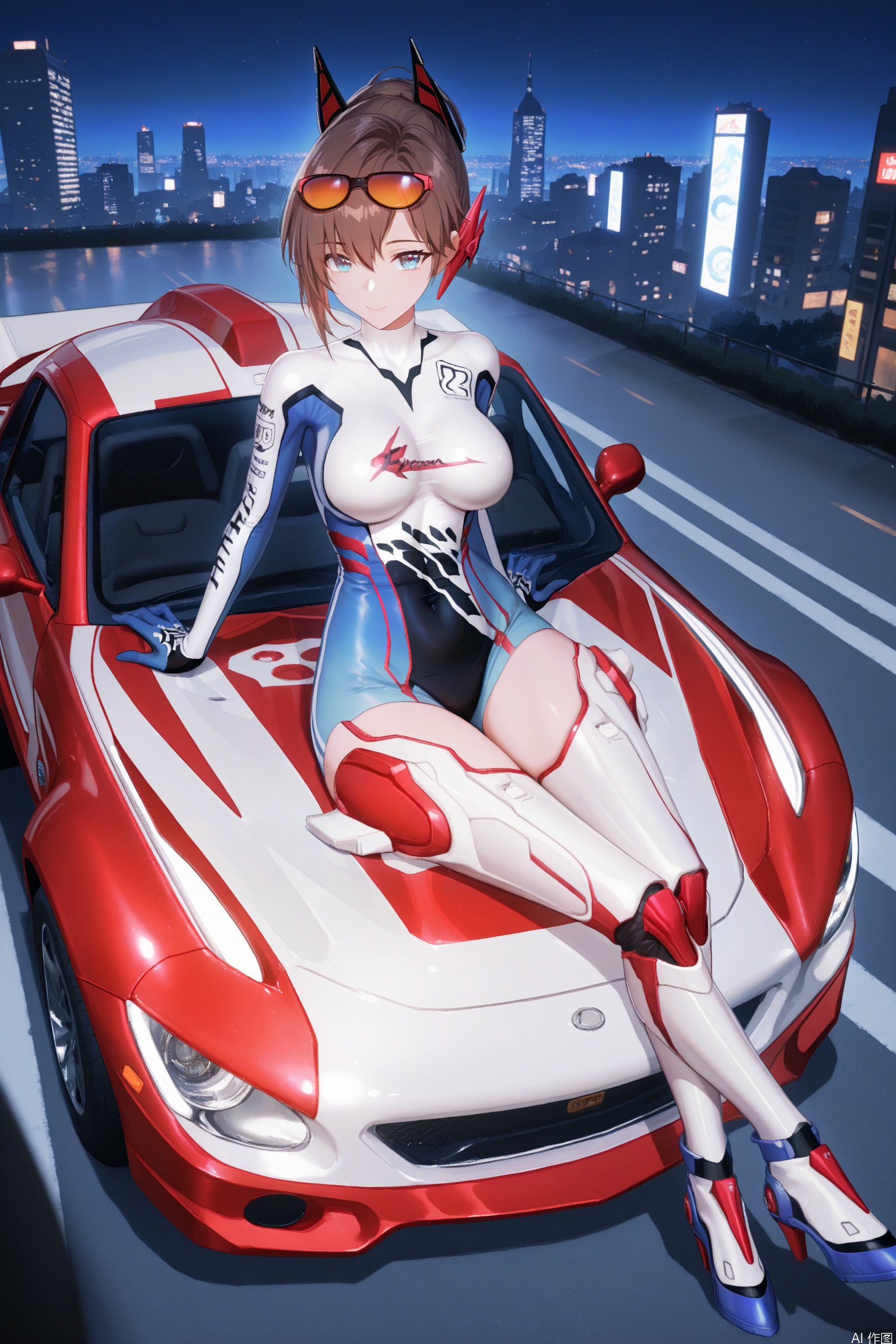 1girl, solo, bridget,breasts, looking at viewer, short hair, blue eyes, brown hair, medium breasts, bodysuit,eyewear on head,smile,headgear, ground vehicle, motor vehicle, car,  sports car, on vehicle, canonicals, cityscape, downtown, night_sky,high heels,
///,
from_above,from_side,canonicals,sitting,
masterpiece,best quality,((artist:reoen),(artist:fuzichoco),(artist:atdan),(artist:torino_aqua:0.5),year 2024:0.5),(artist:omone_hokoma_agm:0.8),jijia, 2d, anime,
