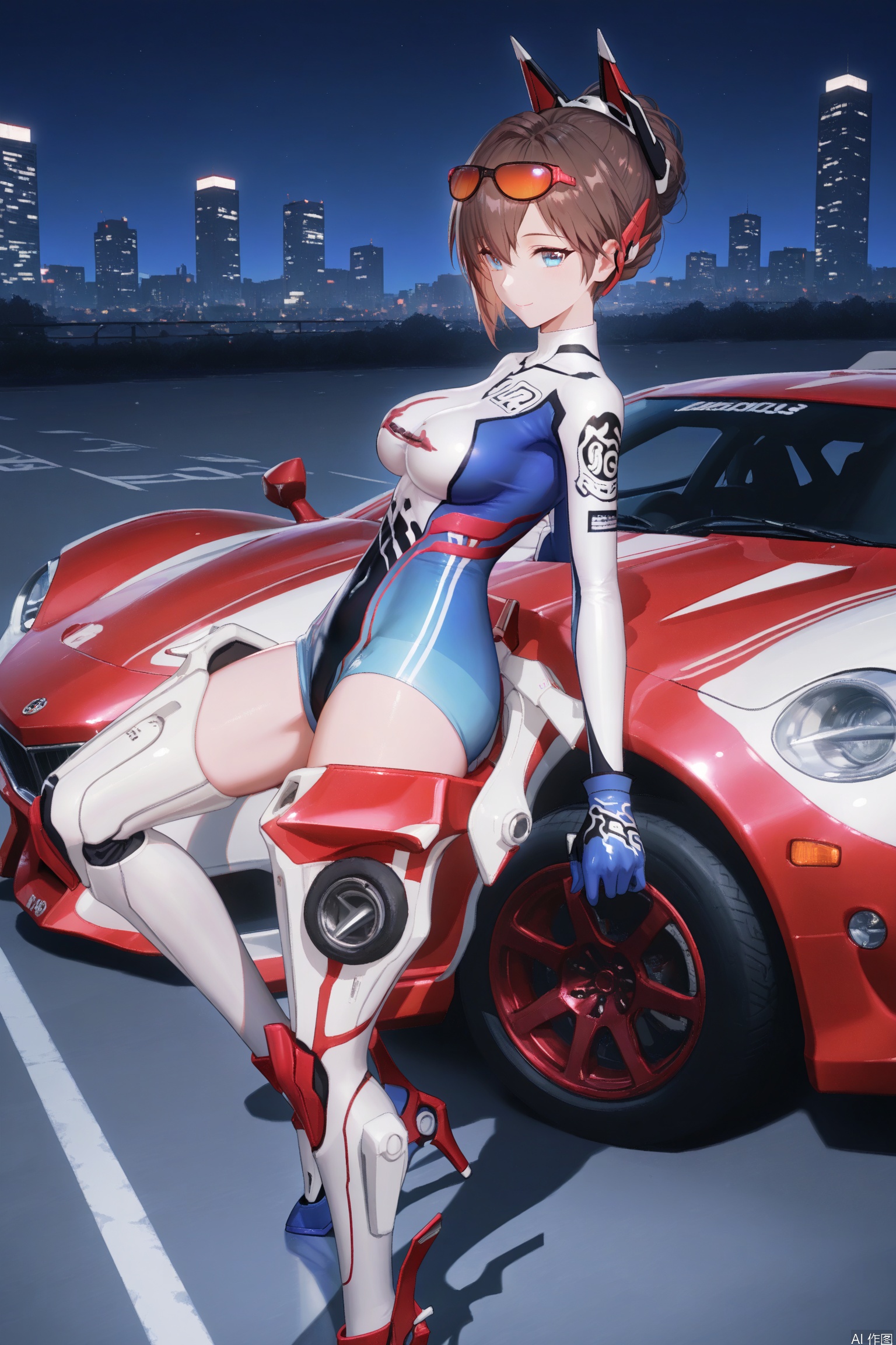 1girl, solo, bridget,breasts, looking at viewer, short hair, blue eyes, brown hair, medium breasts, bodysuit,eyewear on head,smile,headgear, ground vehicle, motor vehicle, car,  sports car, on vehicle, canonicals, cityscape, downtown, night_sky,high heels,
///,
from_above,from_side,from_back,canonicals,leaning on vehicle,
masterpiece,best quality,((artist:reoen),(artist:fuzichoco),(artist:atdan),(artist:torino_aqua:0.5),year 2024:0.5),(artist:omone_hokoma_agm:0.8),jijia, 2d, anime,
