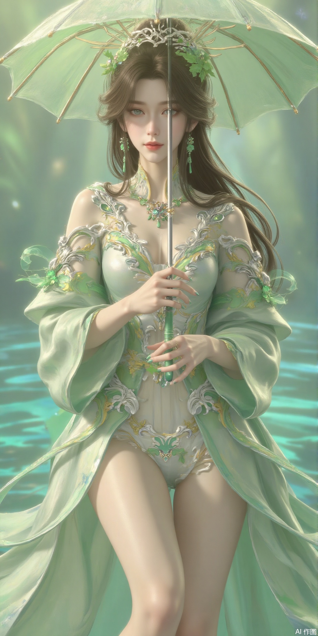 女孩,雨天,holding umbrella,wet dress,hime cut,bare legs,白绿色裙子,green ribbon,green nails,