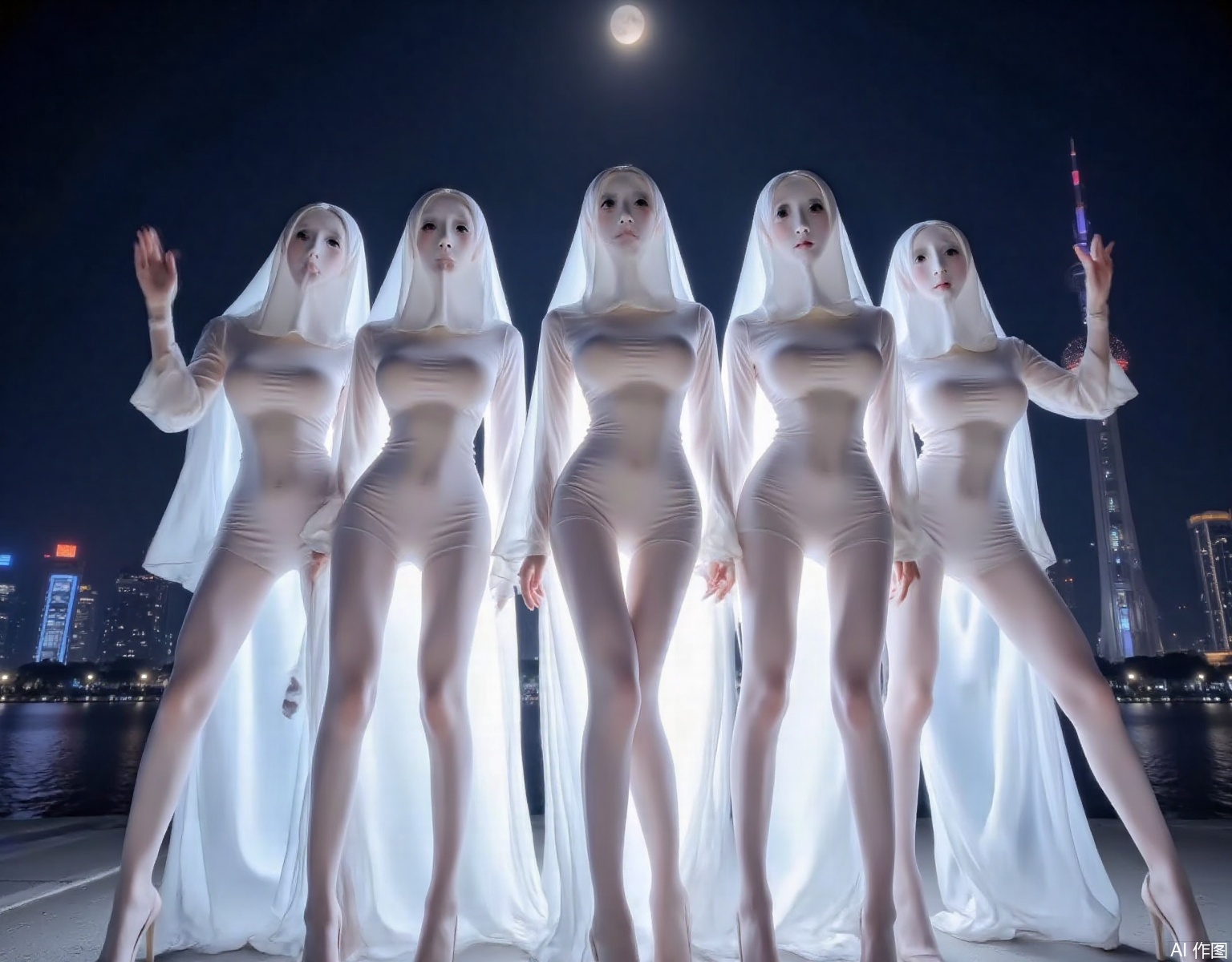  Ultra high definition, 8K, super fine,Five girls lined up in a row,Posing, a tight-fitting pearl white dress,Wearing a white ghost mask,Don't show the facial contour, long legs, slender waist, looking at the audience, full body, standing pose,At night, by the Huangpu River in Shanghai, with the Oriental Pearl Tower and other buildings as the backdrop,A big round moon,Backlight,YLN,shiny pantyhose