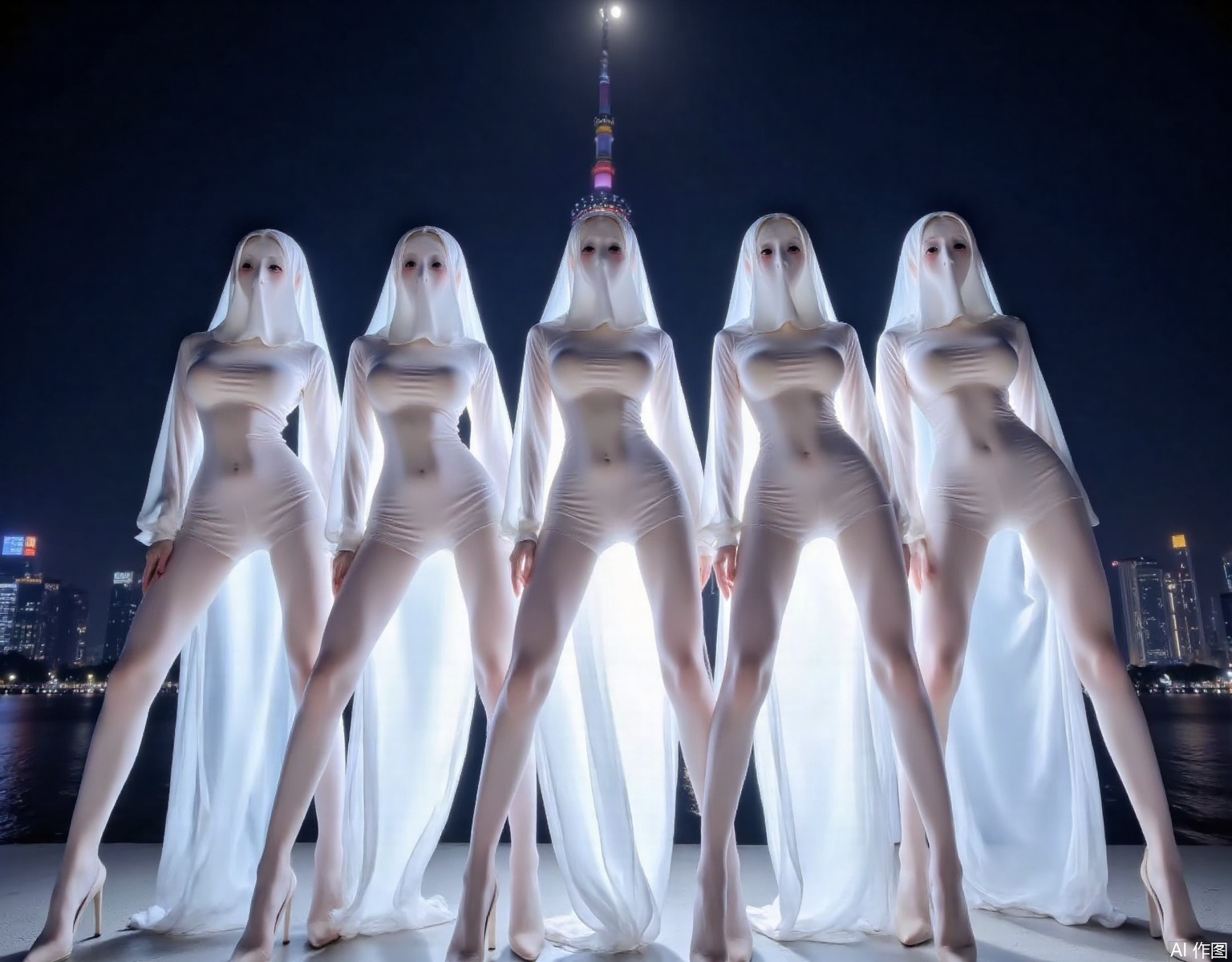  Ultra high definition, 8K, super fine,Five girls lined up in a row,Posing, a tight-fitting pearl white dress,Wearing a white ghost mask,Don't show the facial contour, long legs, slender waist, looking at the audience, full body, standing pose,At night, by the Huangpu River in Shanghai, with the Oriental Pearl Tower and other buildings as the backdrop,A big round moon,Backlight,YLN,shiny pantyhose